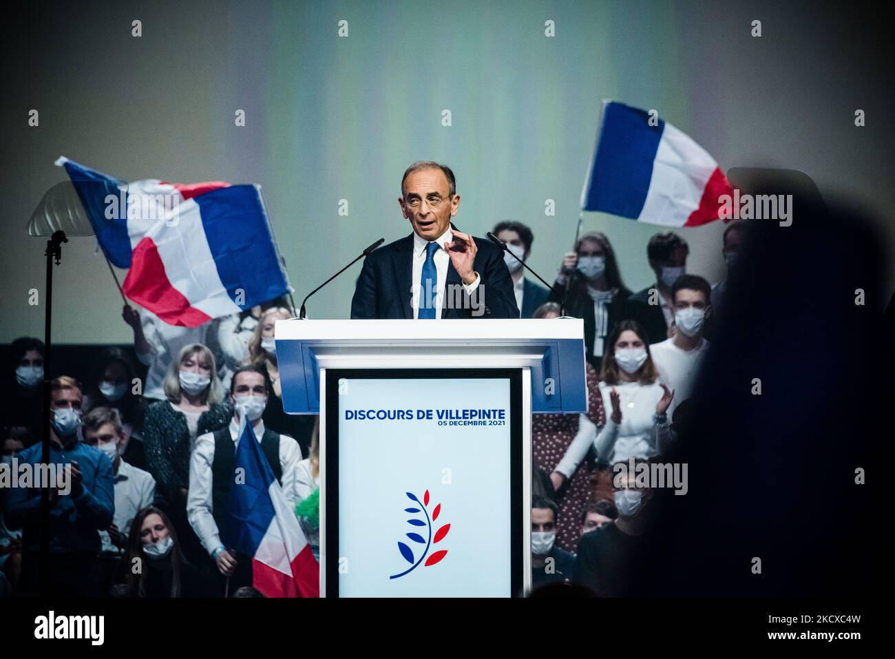 On December 5, 2021, the first meeting in the race for the French presidential election in 2022 of the former journalist and far-right polemicist Eric Zemmour took place in Villepinte (suburb of Paris). Thousands of people came, including his closest supporters, some of whom spoke before him to introduce his speech. (Photo by Samuel Boivin/NurPhoto) Stock Photo