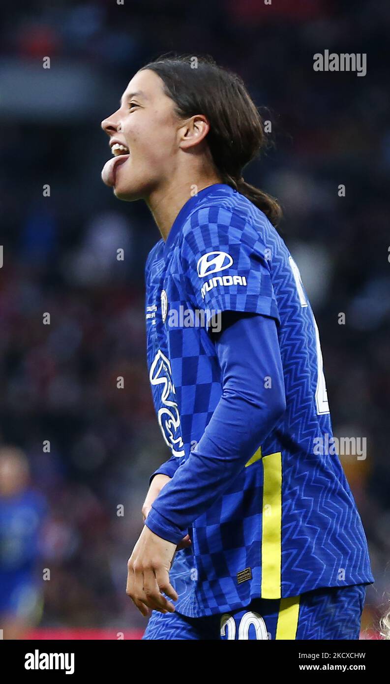 Chelsea Women Sam Kerr celebrates her goal during Vitality Women's FA Cup Final 2021 between Arsenal and Chelsea at Wembley stadium, London, England on 05th December 2021 (Photo by Action Foto Sport/NurPhoto) Stock Photo