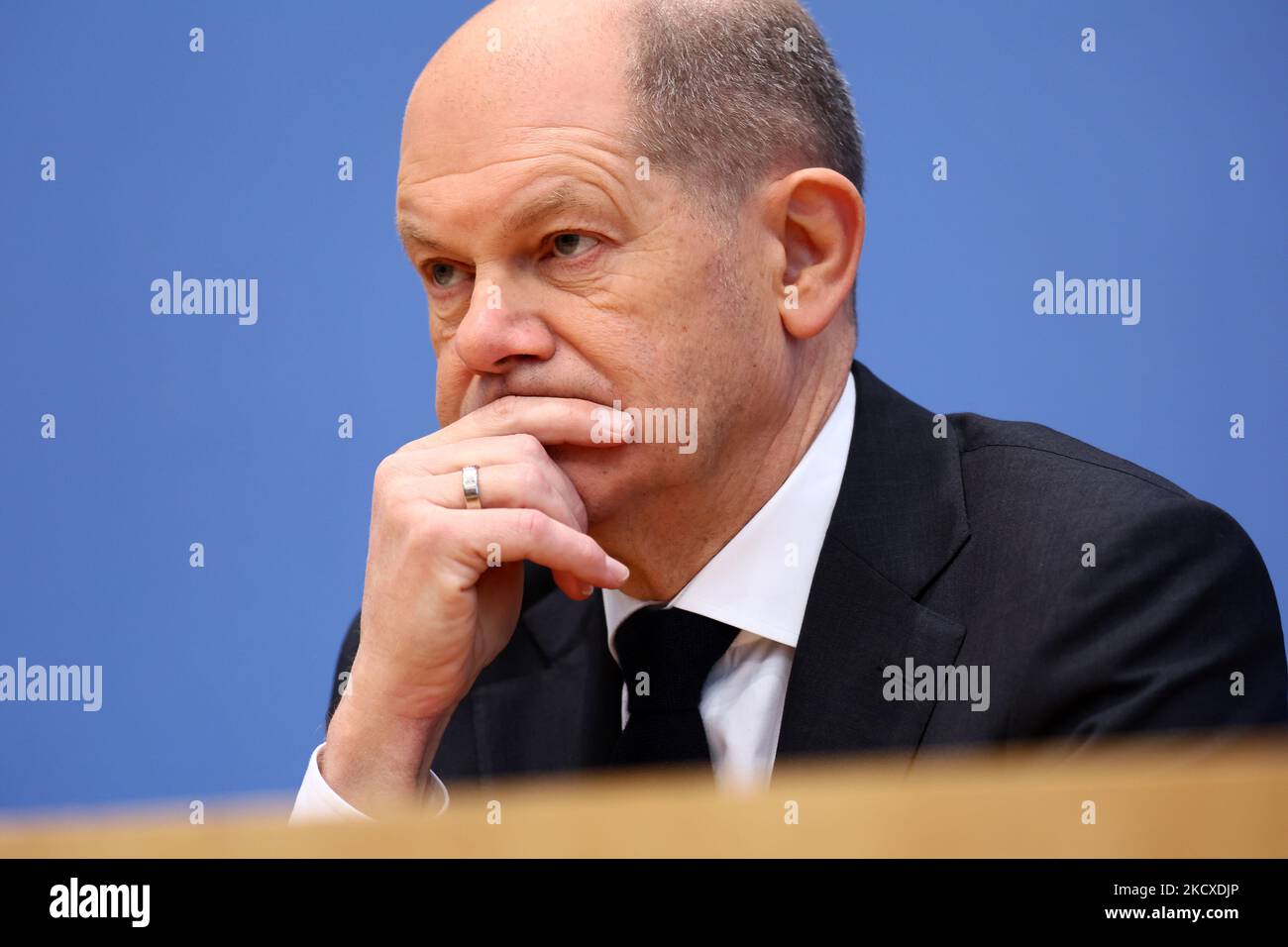 Designated German Chancellor Olaf Scholz attends a press conference at the Bundespresssekonferenz after the Signing of the Coalition Agreement of the future German Government in Berlin on December 7, 2021. (Photo by Emmanuele Contini/NurPhoto) Stock Photo