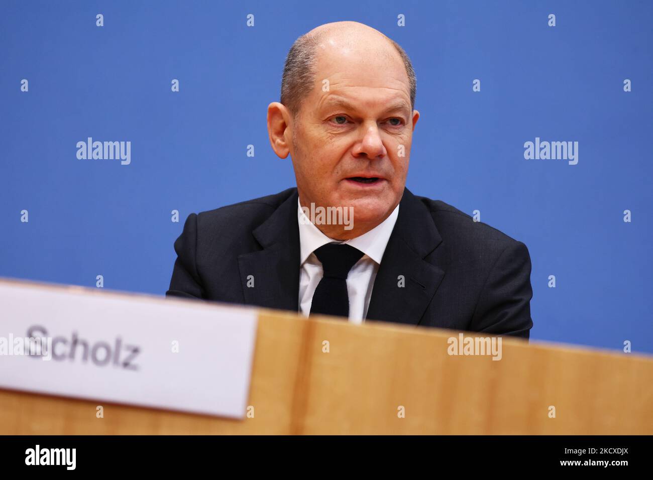 Designated German Chancellor Olaf Scholz attends a press conference at the Bundespresssekonferenz after the Signing of the Coalition Agreement of the future German Government in Berlin on December 7, 2021. (Photo by Emmanuele Contini/NurPhoto) Stock Photo