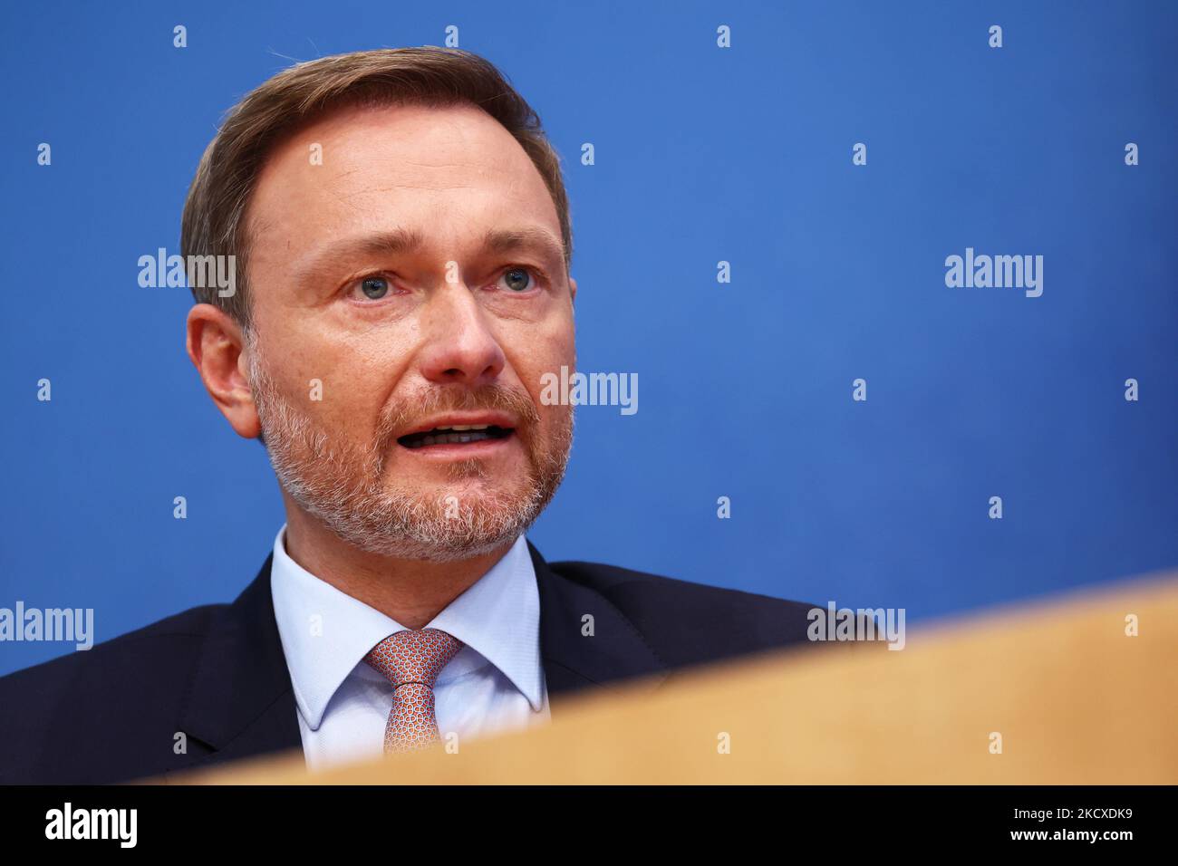 Designated Finance Minister Christian Lindner attends a press conference at the Bundespresssekonferenz after the Signing of the Coalition Agreement of the future German Government in Berlin on December 7, 2021. (Photo by Emmanuele Contini/NurPhoto) Stock Photo