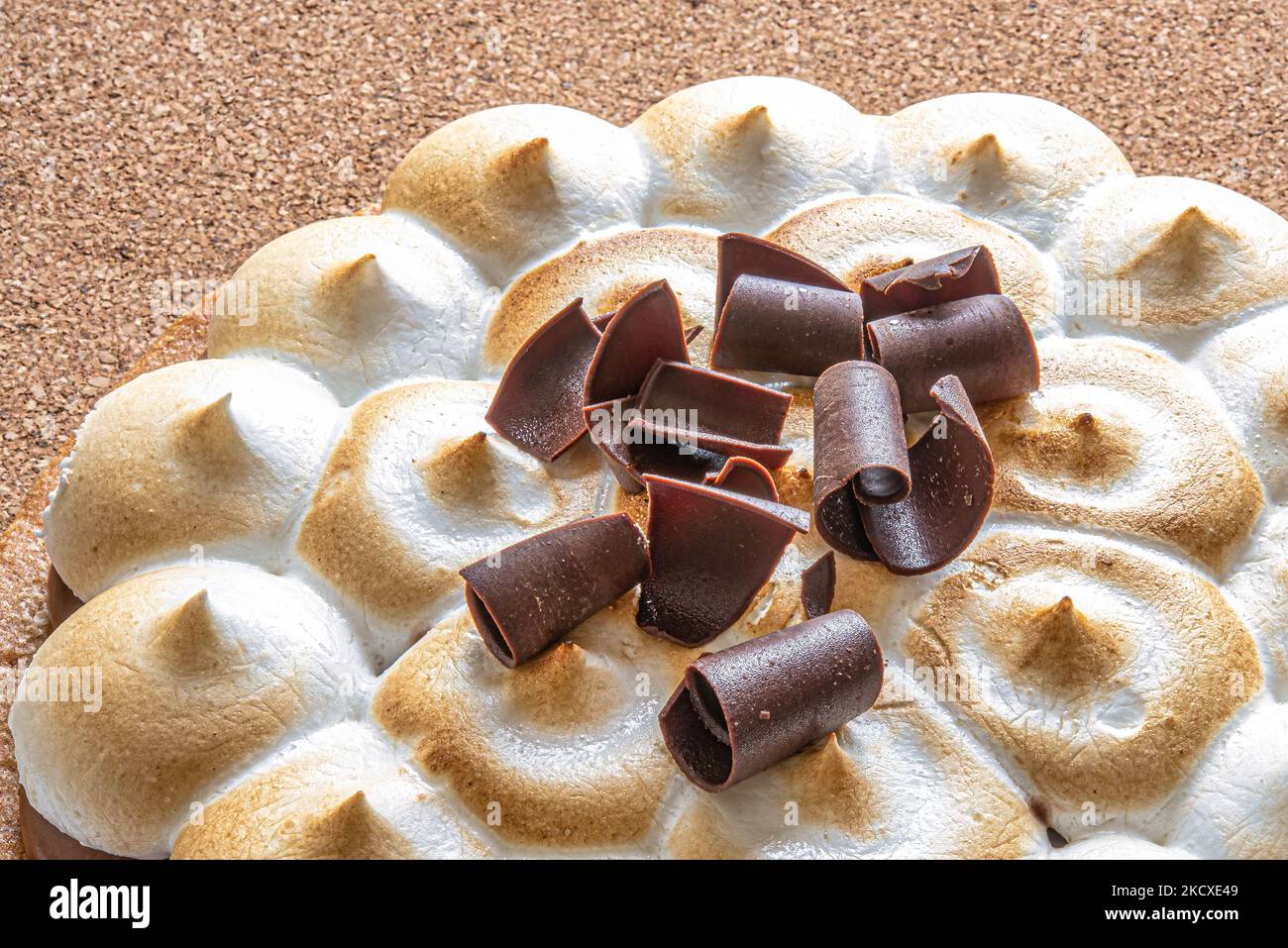 Chocolate meringue cake, close-up detail of sweet food Stock Photo