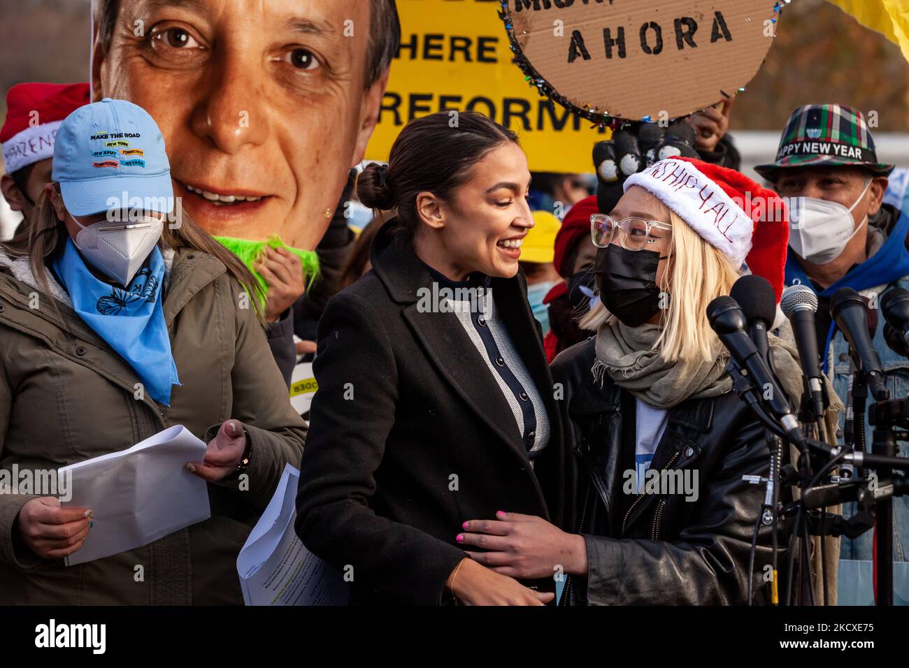 Congresswoman Alexandria Ocasio-Cortez speaks during a press conference with immigration activists, urging the Senate to pass a pathway to citizenship and the Build Back Better Act. This followed a protest in which demonstrators demand a pathway to citizenship, child care subsidies, green jobs, Medicare expansion, and infrastructure plans. Thousands came from around the United States to attend the rally. (Photo by Allison Bailey/NurPhoto) Stock Photo