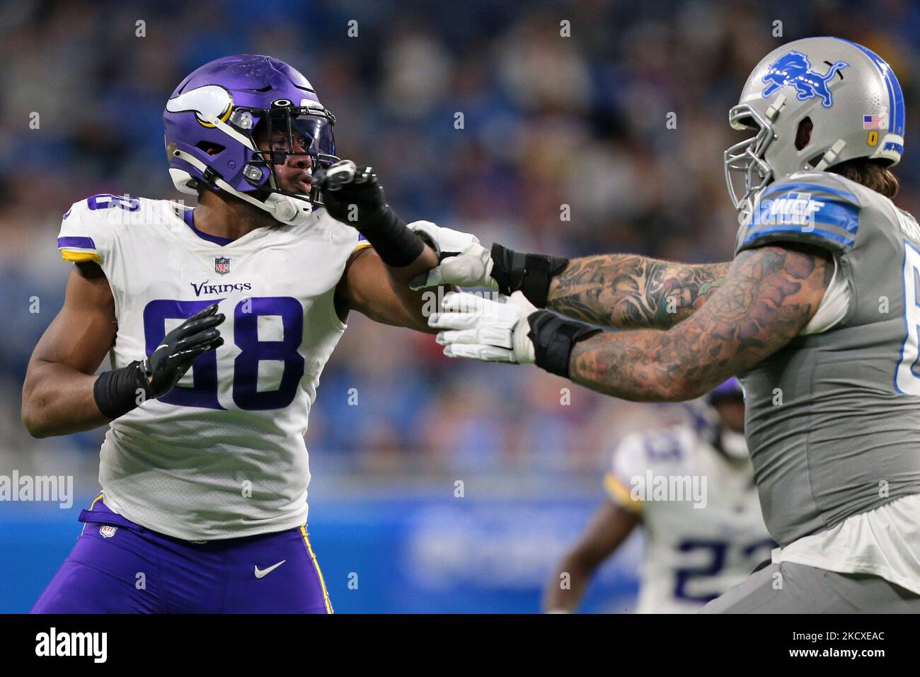 Detroit Lions offensive tackle Taylor Decker (68) defends against Minnesota Vikings defensive end D.J. Wonnum (98) during the second half of an NFL football game in Detroit, Michigan USA, on Sunday, December 5, 2021. (Photo by Jorge Lemus/NurPhoto) Stock Photo