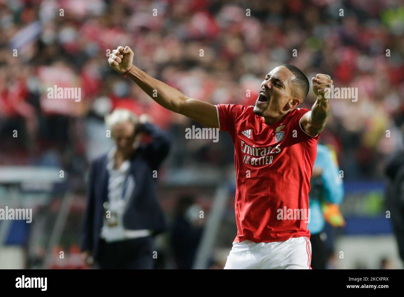 Gilberto defender of SL Benfica celebrates after scoring a goal during the UEFA Champions League Group E match between SL Benfica and FK Dynamo Kyiv at Estadio da Luz, in Lisbon, Portugal on 8th December, 2021 (Photo by Valter Gouveia/NurPhoto) Stock Photo