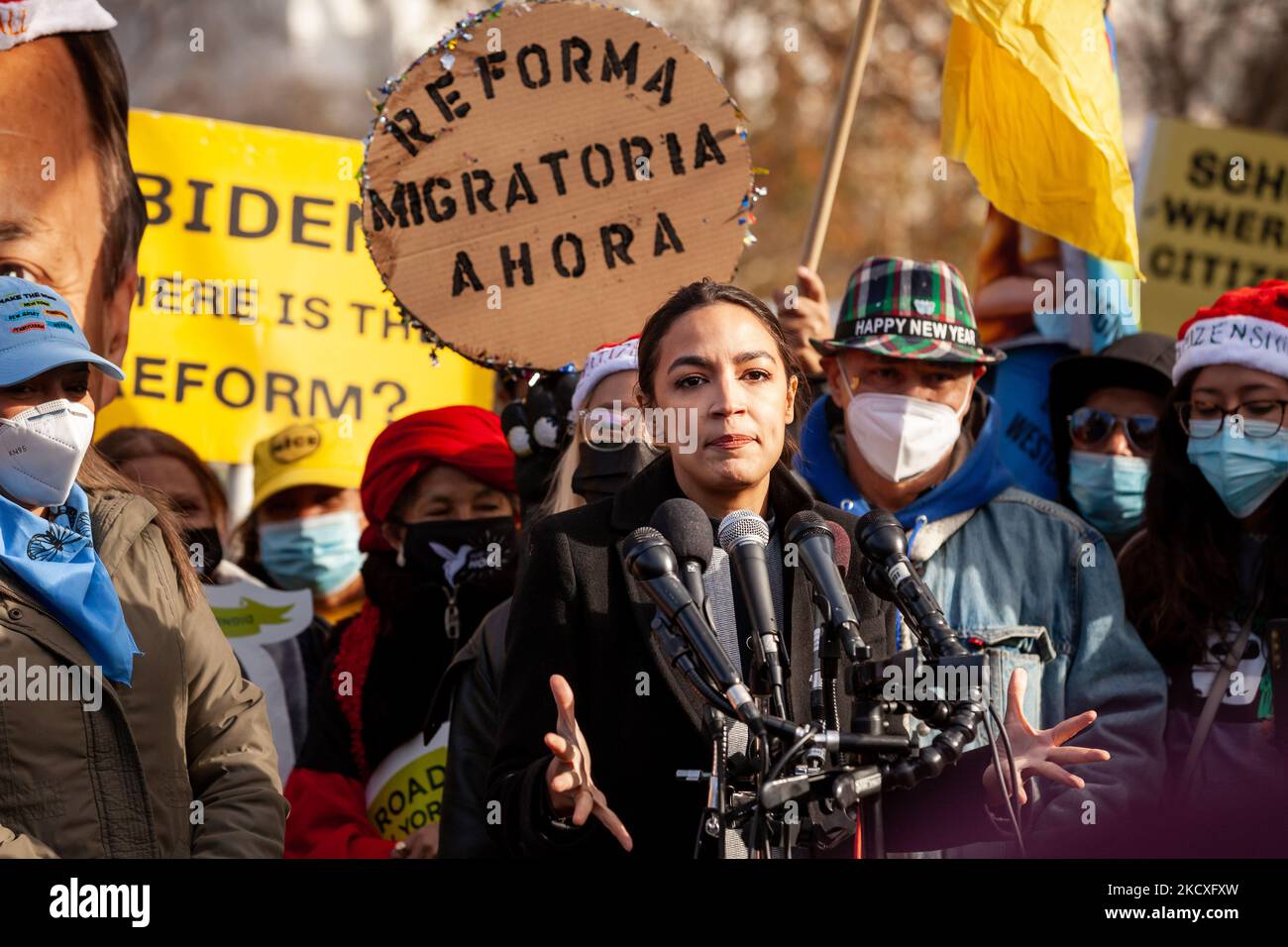 Congresswoman Alexandria Ocasio-Cortez speaks during a press conference with immigration activists, urging the Senate to pass a pathway to citizenship and the Build Back Better Act. This followed a protest in which demonstrators demand a pathway to citizenship, child care subsidies, green jobs, Medicare expansion, and infrastructure plans. Thousands came from around the United States to attend the rally. (Photo by Allison Bailey/NurPhoto) Stock Photo
