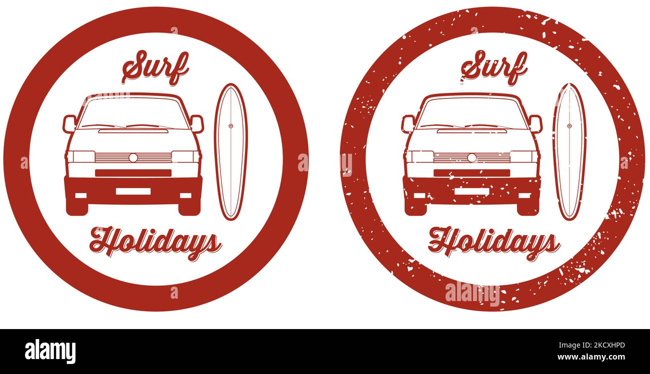 An old German camper van with a surfboard Stock Vector