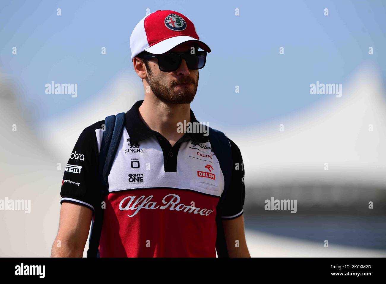 Antonio Giovinazzi of Alfa Romeo Racing ORLEN arrived in to the paddock before qualifying session of last race of the year in Yes Marina Circuit, Yes Island, Abu Dhabi, Uniter Arab Emirates, 11 December 2021 (Photo by Andrea Diodato/NurPhoto) Stock Photo