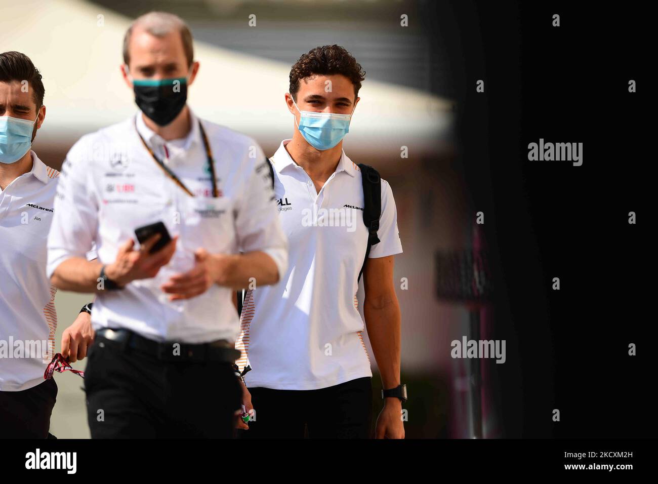Lando Norris McLaren F1 Team arrived in to the paddock before qualifying session of last race of the year in Yes Marina Circuit, Yes Island, Abu Dhabi, Uniter Arab Emirates, 11 December 2021 (Photo by Andrea Diodato/NurPhoto) Stock Photo