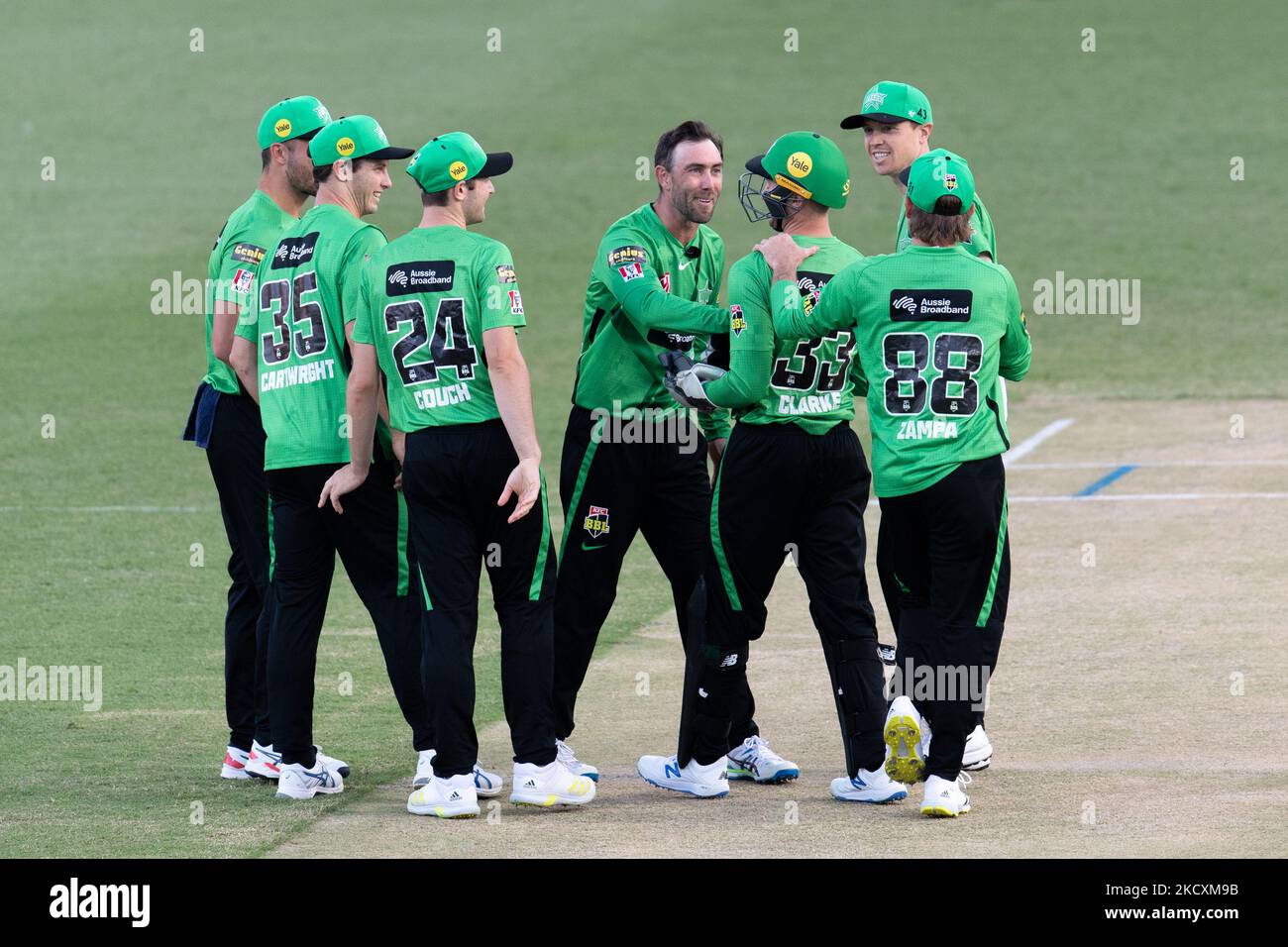 Glenn Maxwell of Stars celebrate after taking the wicket of Sam Whiteman of Thunders during the match between Sydney Thunder and Melbourne Stars at Sydney Showground Stadium, on December 12, 2021, in Sydney, Australia. (Editorial use only) Stock Photo