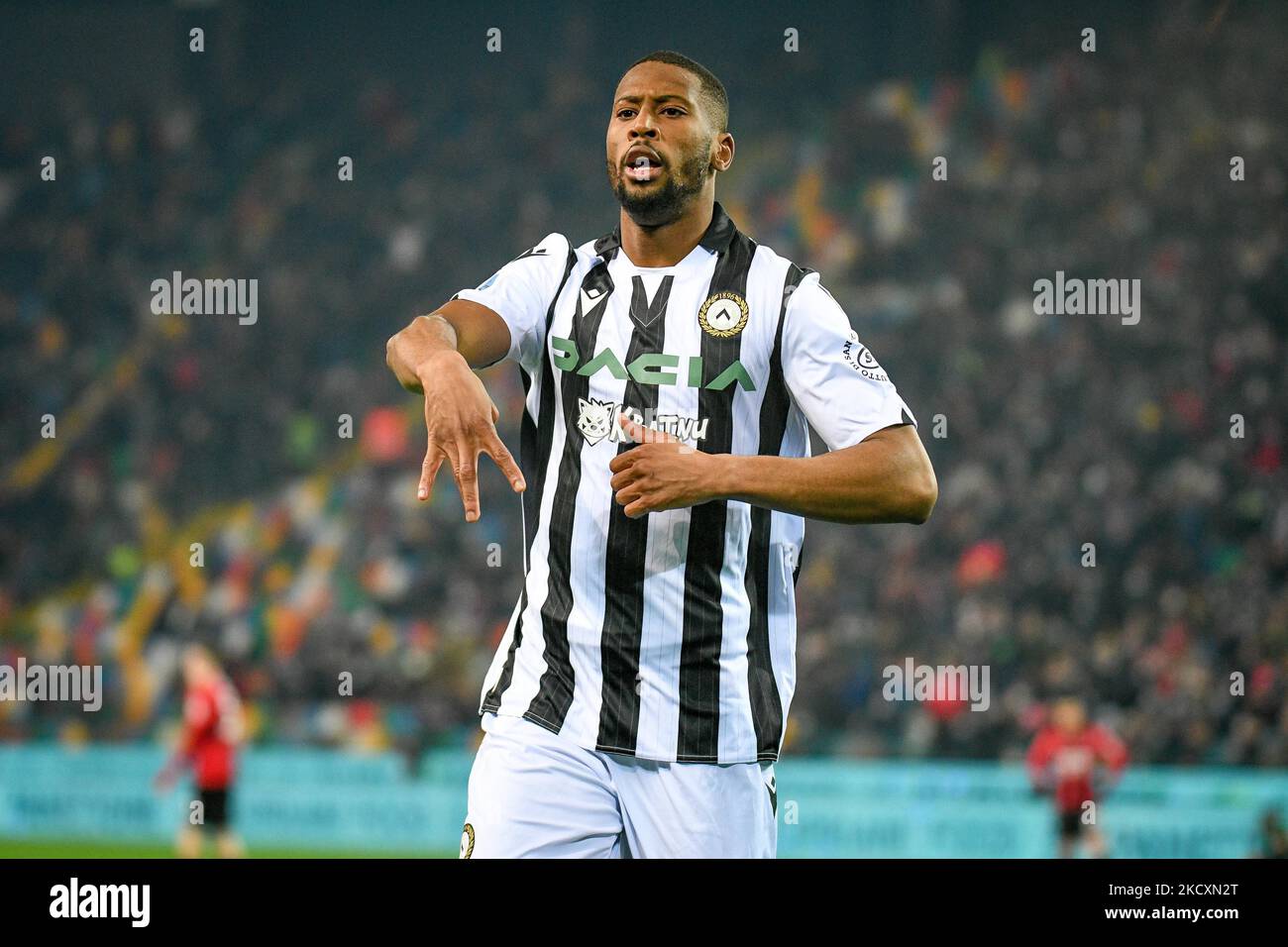 Udinese's Norberto Bercique Gomes Betuncal celebrates after scoring a goal 1-0 during the italian soccer Serie A match Udinese Calcio vs AC Milan on December 11, 2021 at the Friuli - Dacia Arena stadium in Udine, Italy (Photo by Ettore Griffoni/LiveMedia/NurPhoto) Stock Photo