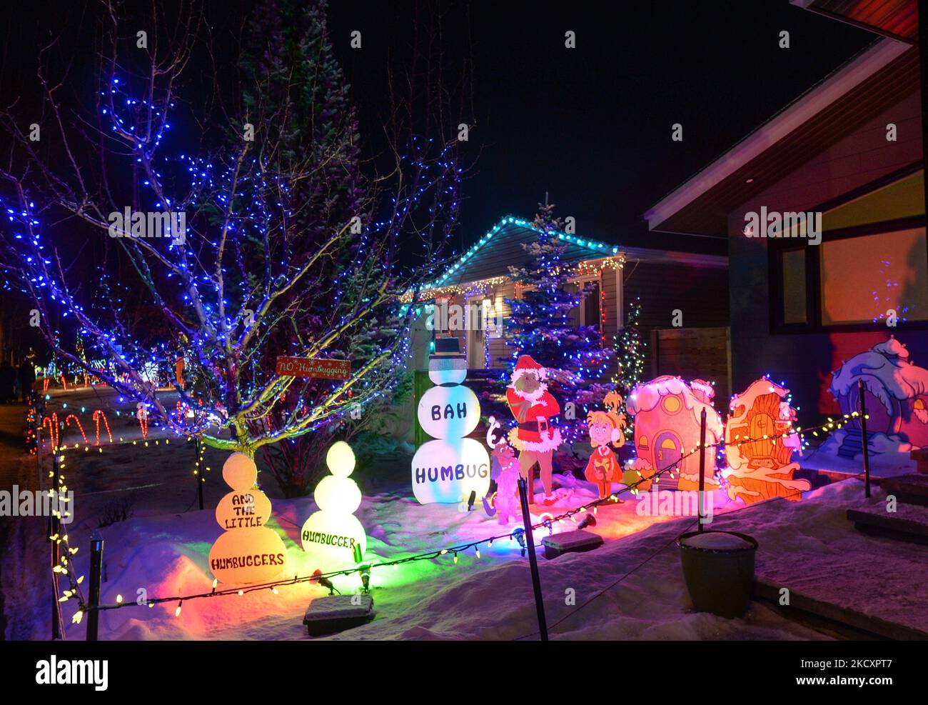 Christmas decorations in front of the house in Candy Cane Lane, a Christmas decorations in front of the house in Candy Cane Lane, a