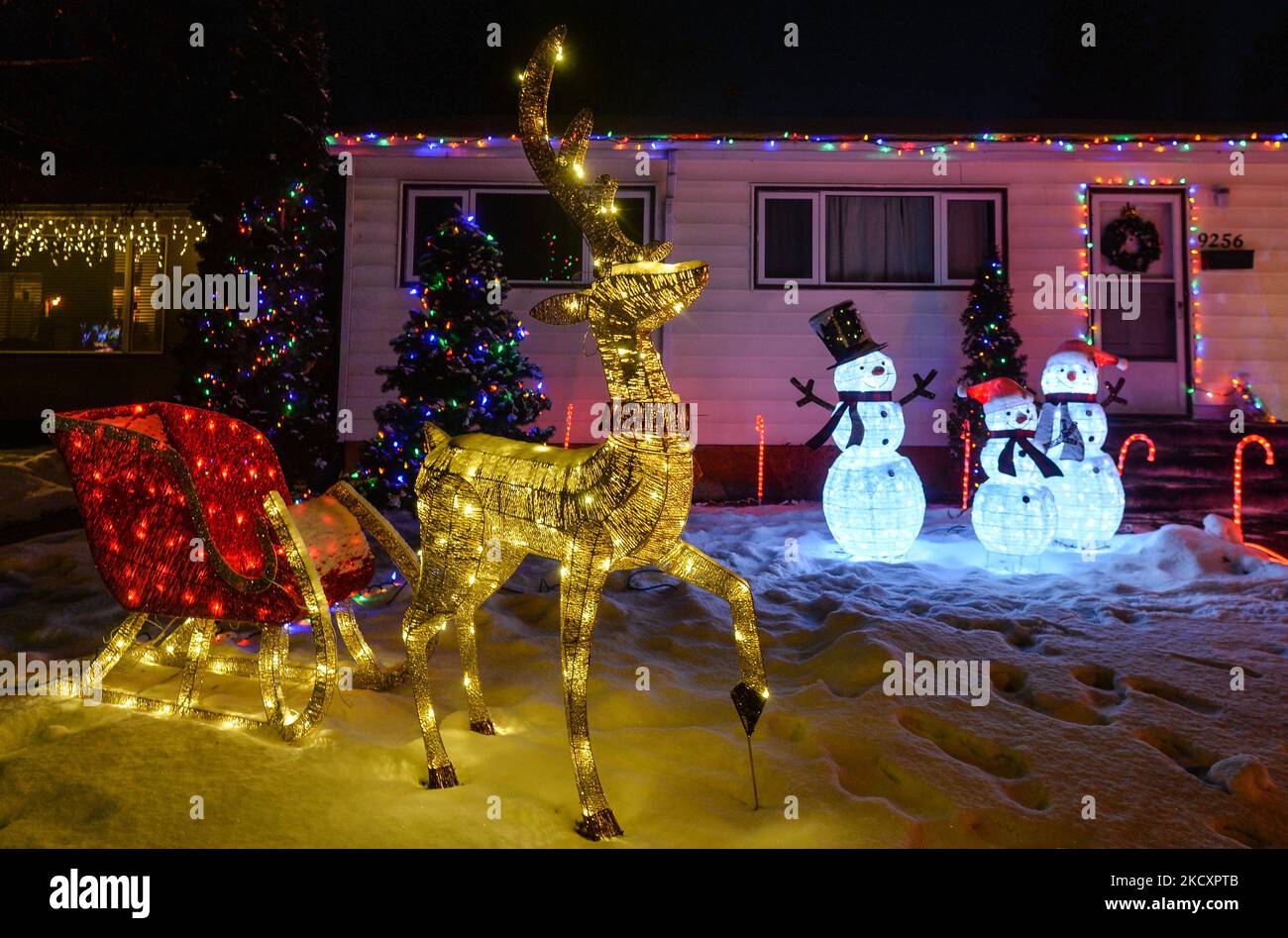 Christmas decorations in front of the house in Candy Cane Lane, a Christmas decorations in front of the house in Candy Cane Lane, a