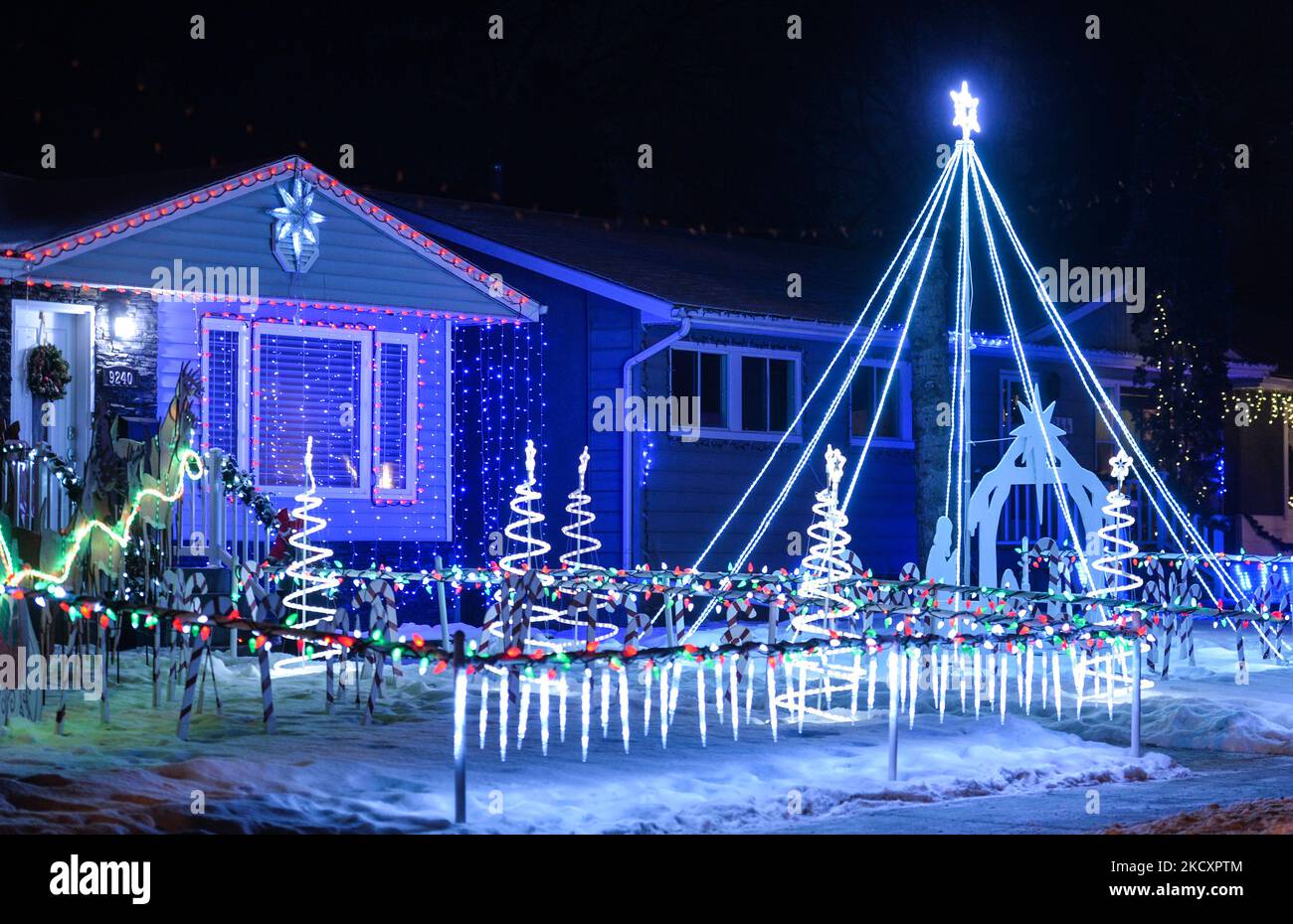 Christmas decorations in front of the house in Candy Cane Lane, a Christmas decorations in front of the house in Candy Cane Lane, a