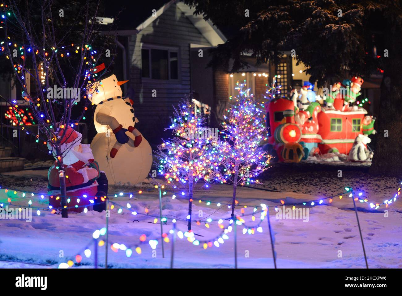 Christmas decorations in front houses in Candy Cane Lane, a residential Christmas decorations in front houses in Candy Cane Lane, a residential