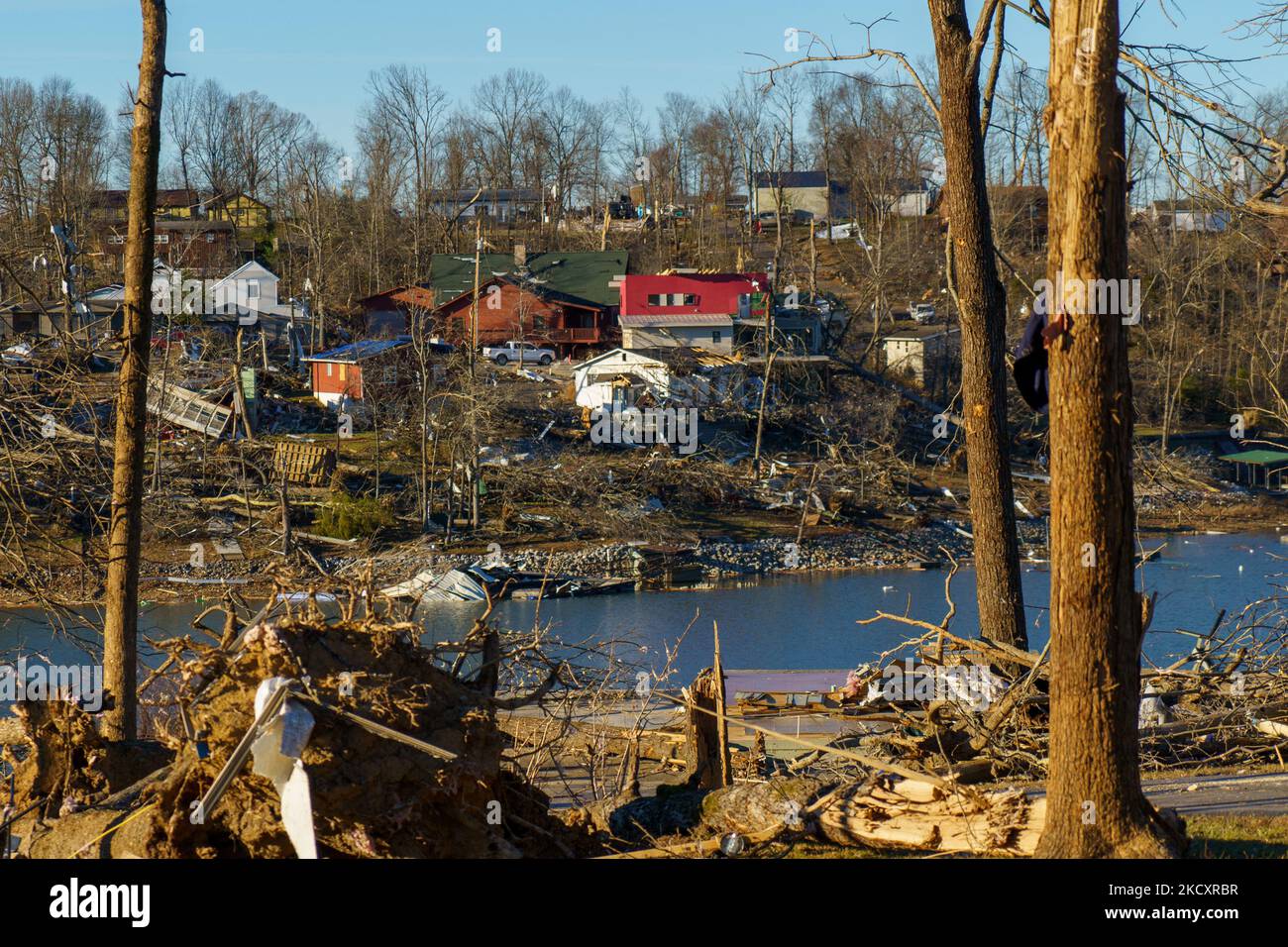 Heavy damage is seen after a tornado swept through multiple states on