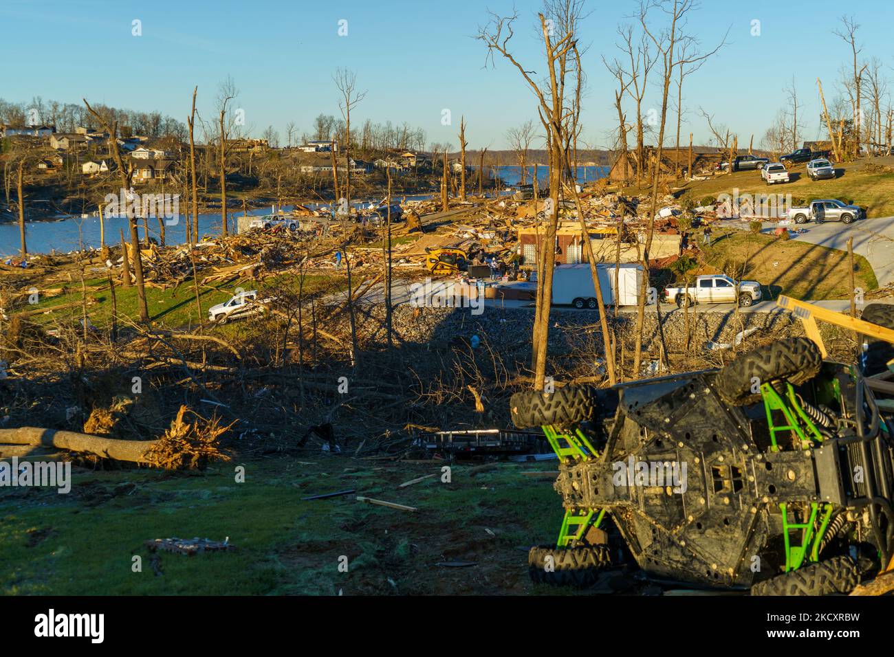 Heavy damage is seen after a tornado swept through multiple states on