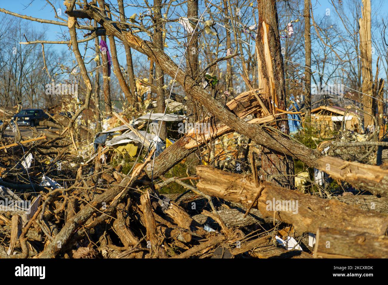 Heavy damage is seen after a tornado swept through multiple states on