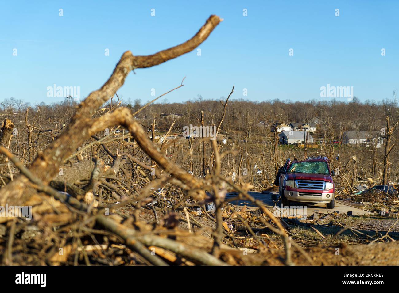 Heavy damage is seen after a tornado swept through multiple states on December 11, 2021 in the 