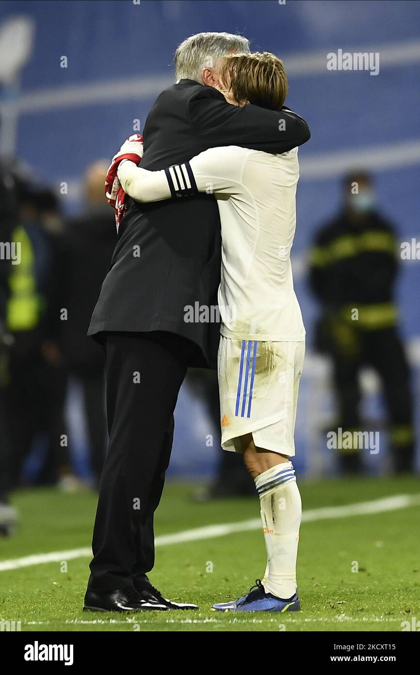 Luka Modric and Carlo Ancelotti head coach of Real Madrid greets each ...