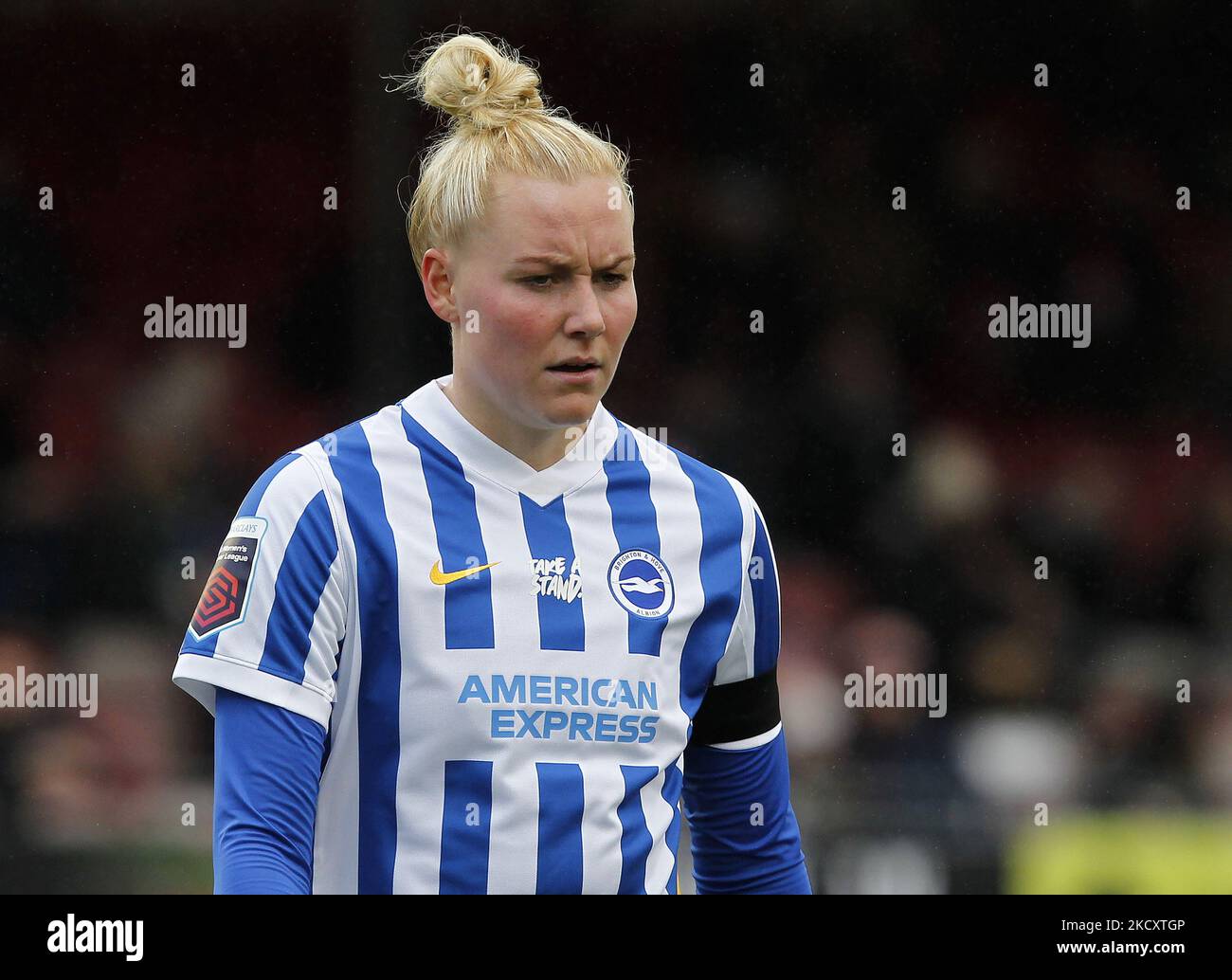 Danique Kerkdijk of Brighton & Hove Women during Barclays FA Woman Super League between Brighton and Hove Albion and Manchester United at The People's Pension Stadium, Crawly on 12th December, 2021 (Photo by Action Foto Sport/NurPhoto) Stock Photo
