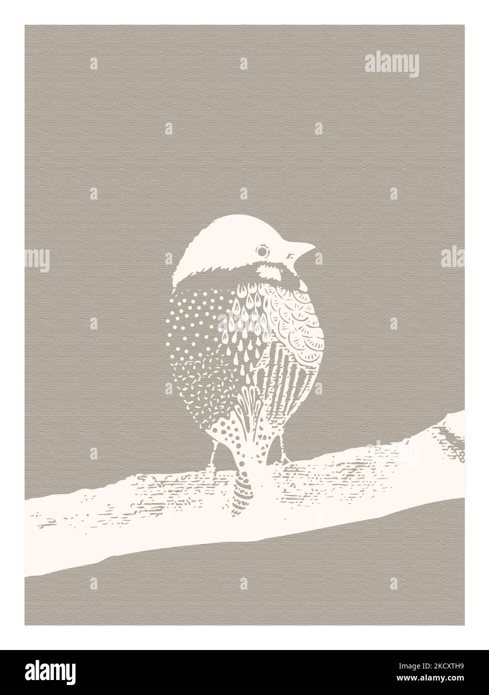 illustration: patterned mono sparrow on a branch on canvas Stock Vector