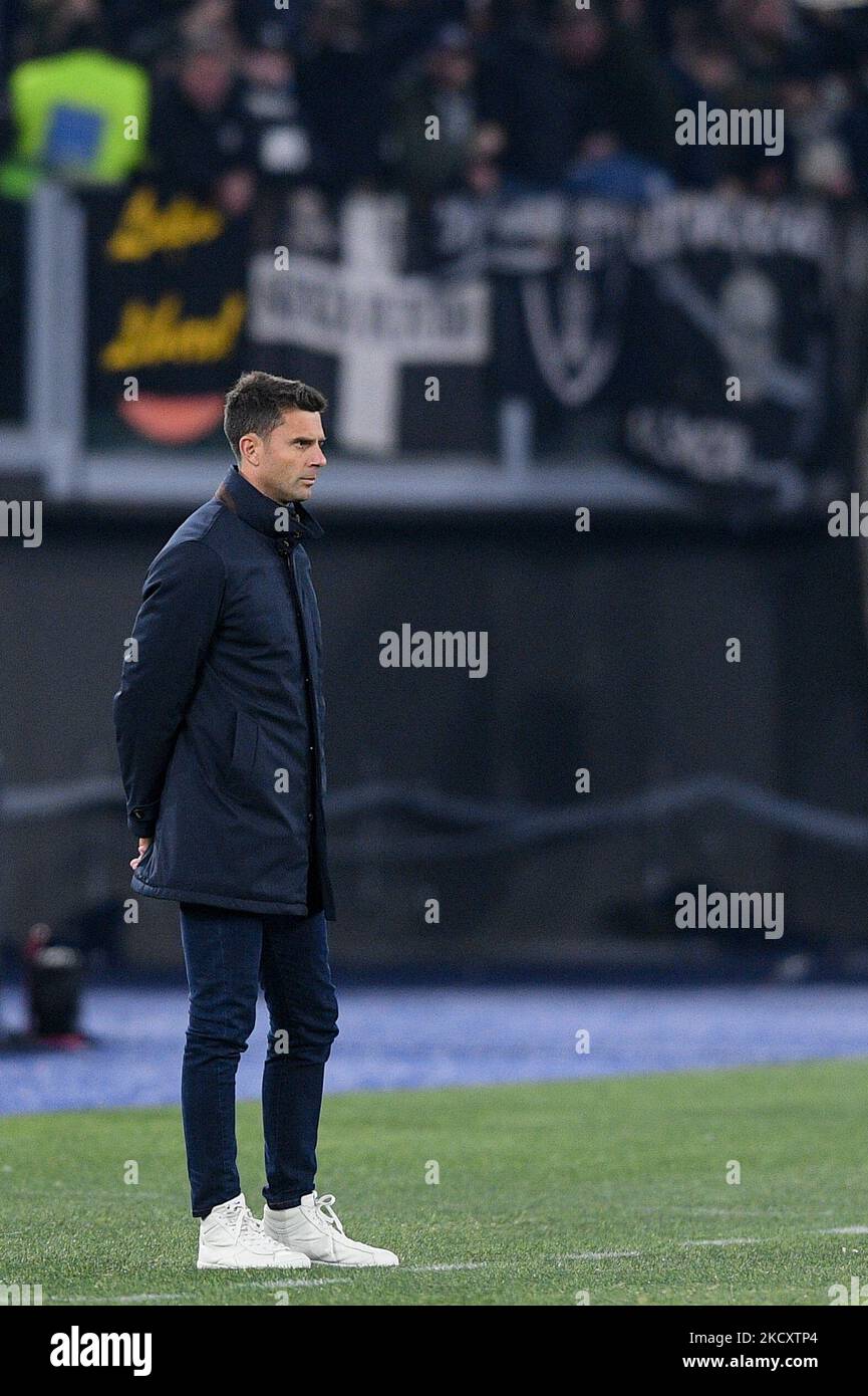 Thiago Motta manager of Spezia Calcio looks on during the Serie A match between AS Roma and Spezia Calcio at Stadio Olimpico, Rome, Italy on 13 December 2021. (Photo by Giuseppe Maffia/NurPhoto) Stock Photo