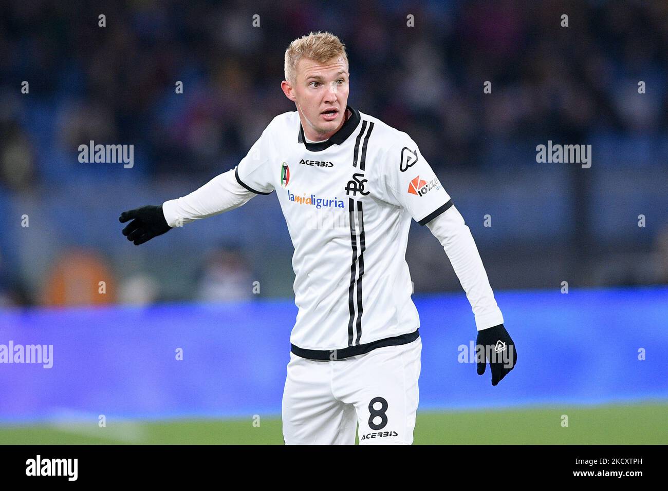 Viktor Kovalenko of Spezia Calcio looks on during the Serie A match between AS Roma and Spezia Calcio at Stadio Olimpico, Rome, Italy on 13 December 2021. (Photo by Giuseppe Maffia/NurPhoto) Stock Photo