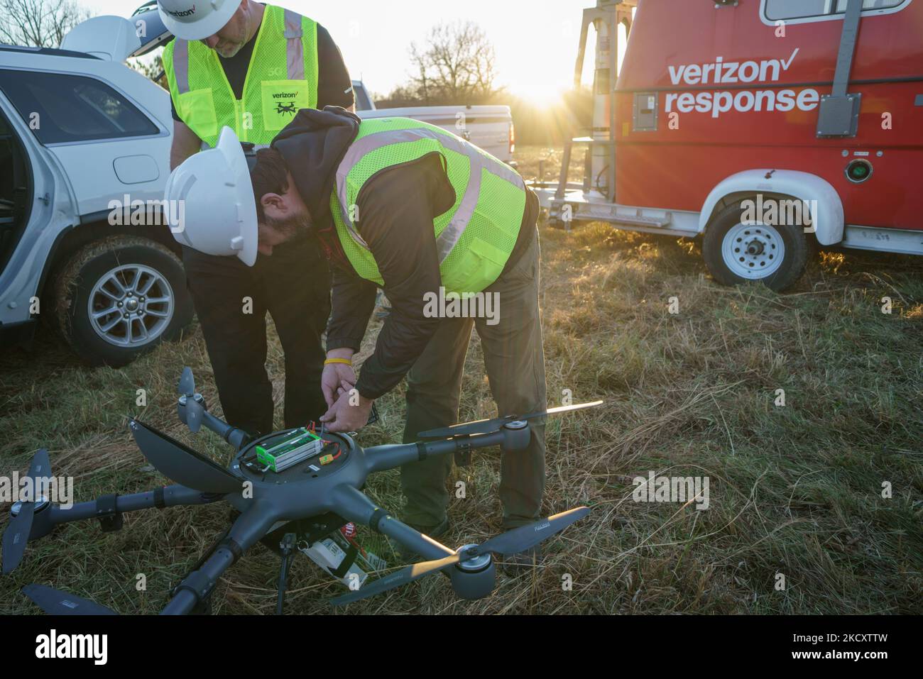 A Verizon Response team sets up a WiFi and mobile service hot spot at the Emergency Operations