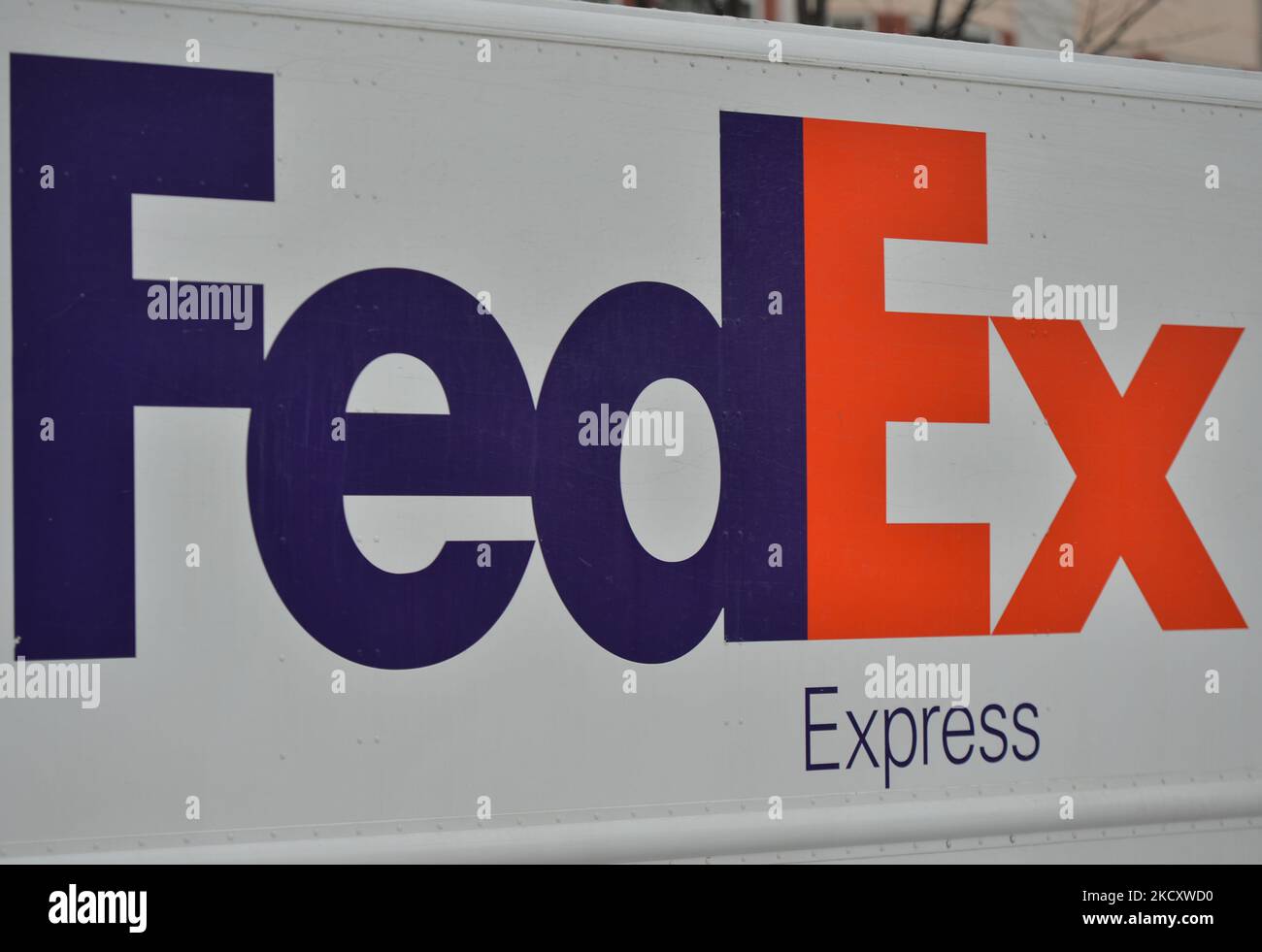 FedEx Corporation logo seen on a delivery truck in downtown Edmonton. Monday, December 13, 2021, in Edmonton, Alberta, Canada. (Photo by Artur Widak/NurPhoto) Stock Photo