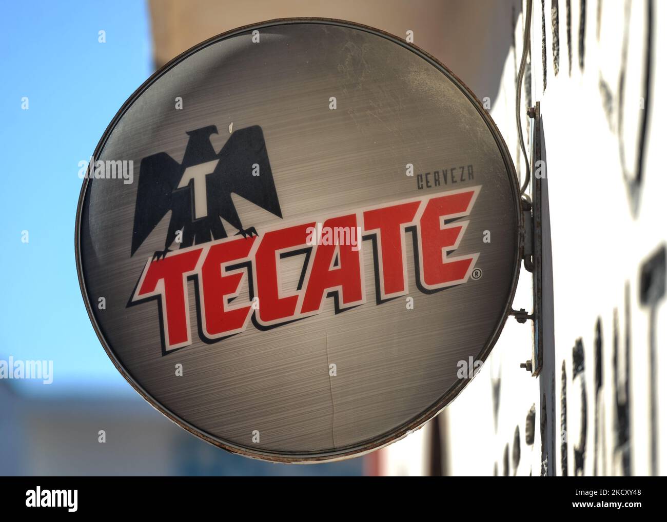 Logo of Tecate, a popular pale lagers named after the city of Tecate, Baja California, where they were first produced in 1943. On Sunday, December 05, 2021, in Celestun, Yucatan, Mexico. (Photo by Artur Widak/NurPhoto) Stock Photo