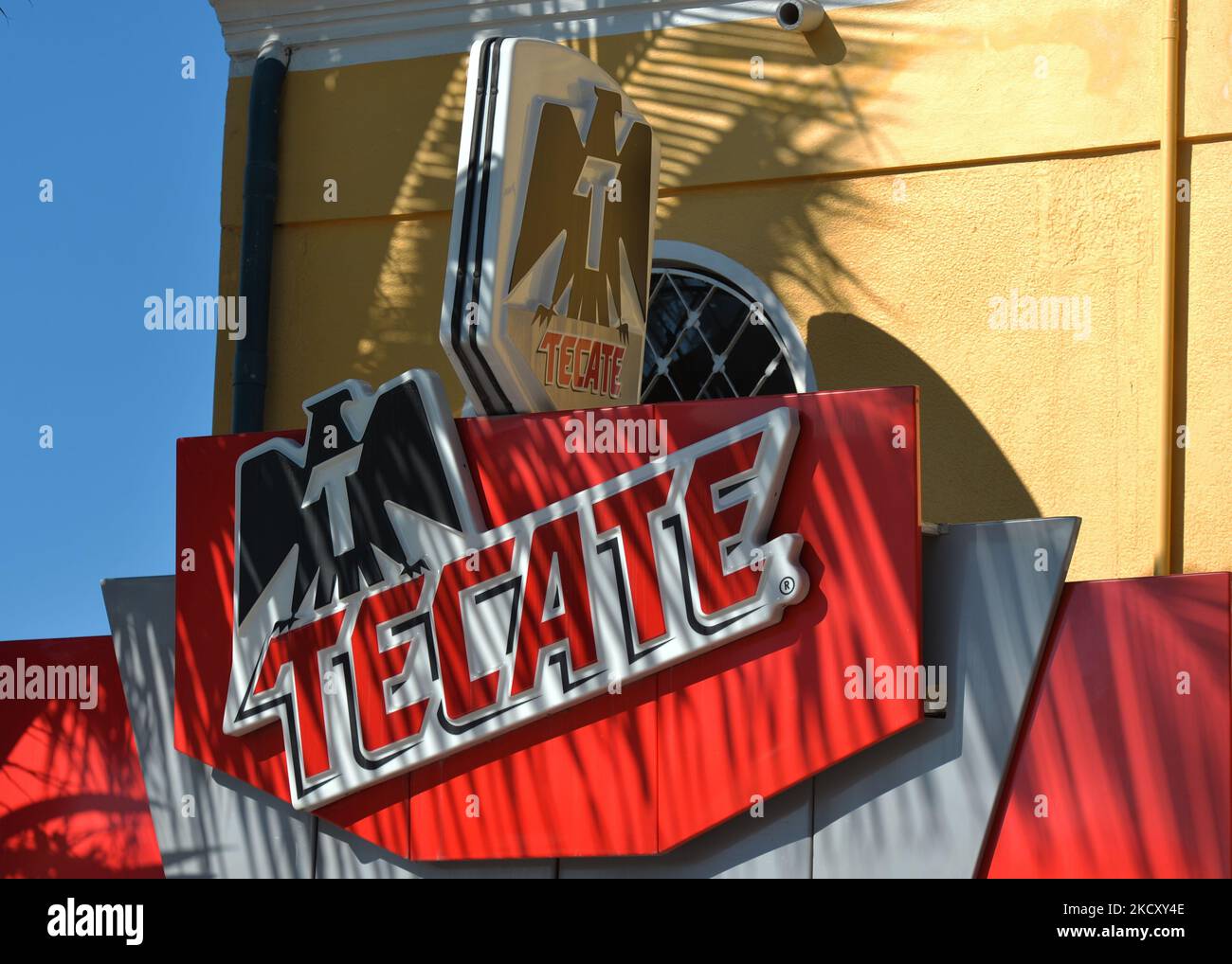Logo of Tecate, a popular pale lagers named after the city of Tecate, Baja California, where they were first produced in 1943. On Sunday, December 05, 2021, in Celestun, Yucatan, Mexico. (Photo by Artur Widak/NurPhoto) Stock Photo
