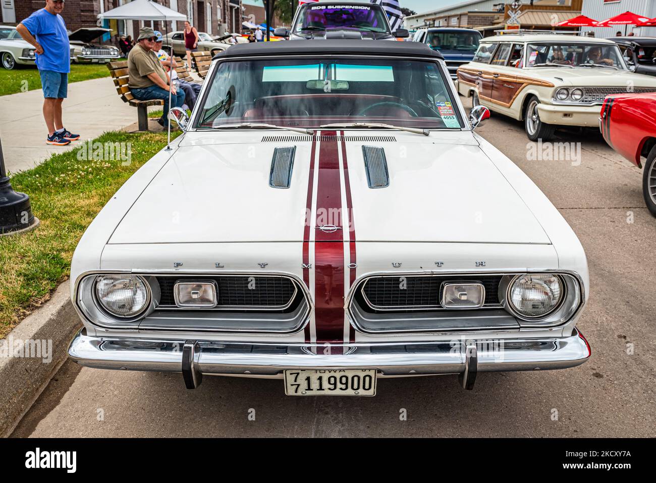 Des Moines, IA - July 01, 2022: High perspective front view of a 1967 Plymouth Barracuda Formula S Convertible at a local car show. Stock Photo
