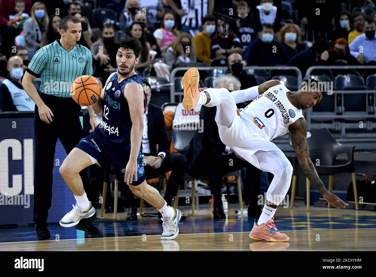 Lucio Redivo (L) and Karel Guzman (R) in action during the game U-BT Cluj-Napoca v Happy Casa Brindisi in group G of Basketball Champions League, disputed in BT Arena, Cluj-Napoca, 15 December 2021 (Photo by Flaviu Buboi/NurPhoto) Stock Photo