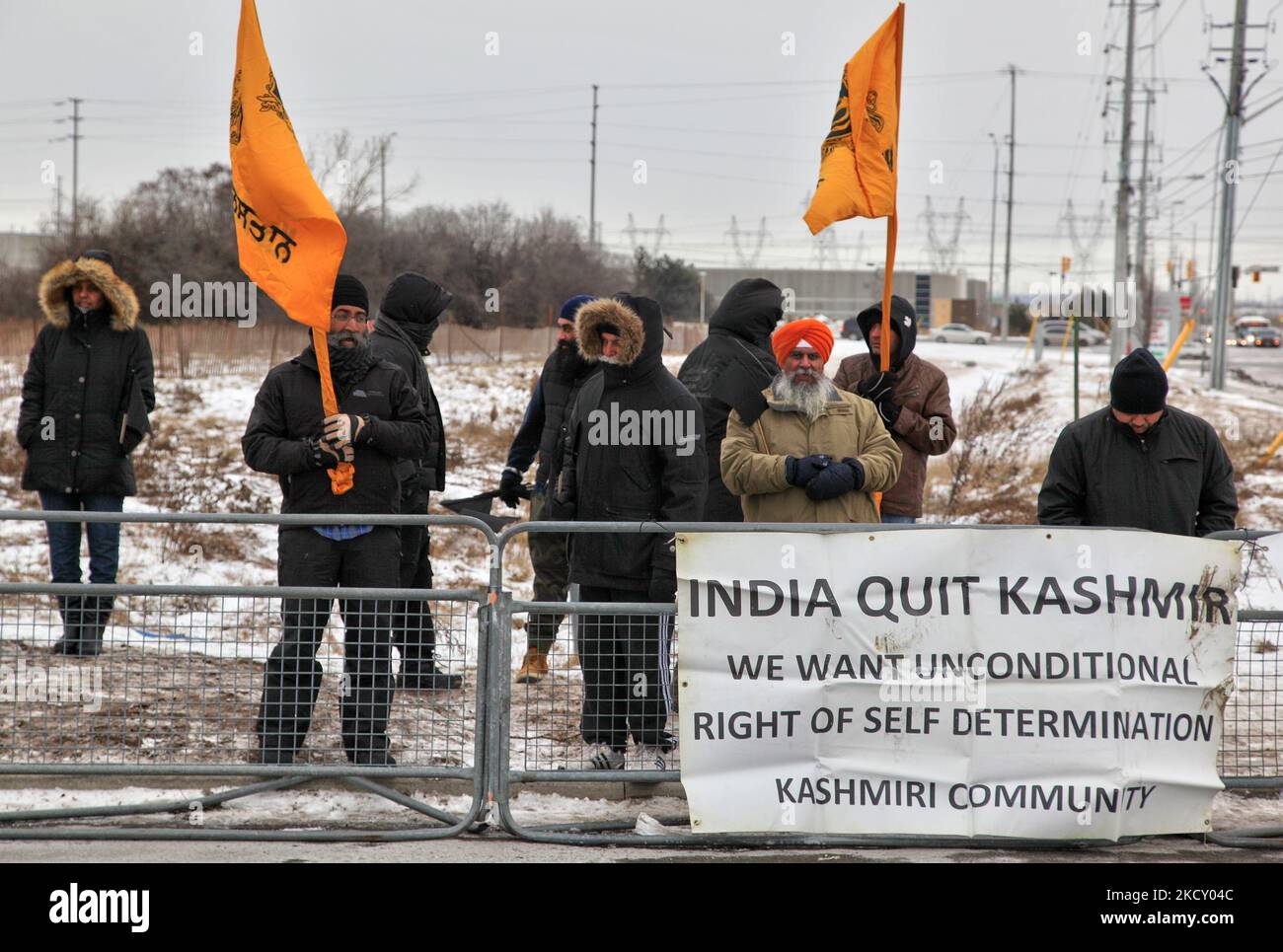 February 01, 2015 --- Mississauga, Ontario, Canada --- Canadian Pro-Khalistan Sikhs protesting against the Indian government and calling for a separate Sikh state as well as showing their disapproval for the Indian army's presence in Indian-controlled Kashmir. A large group of Sikhs assembled outside a venue where celebrations for India's 66th Republic Day were taking place to show their discontent with the Indian government. The Khalistan movement seeks to create a separate Sikh state, called Khalistan in the Punjab region of India and has been a controversial topic. As well the issue of Kash Stock Photo