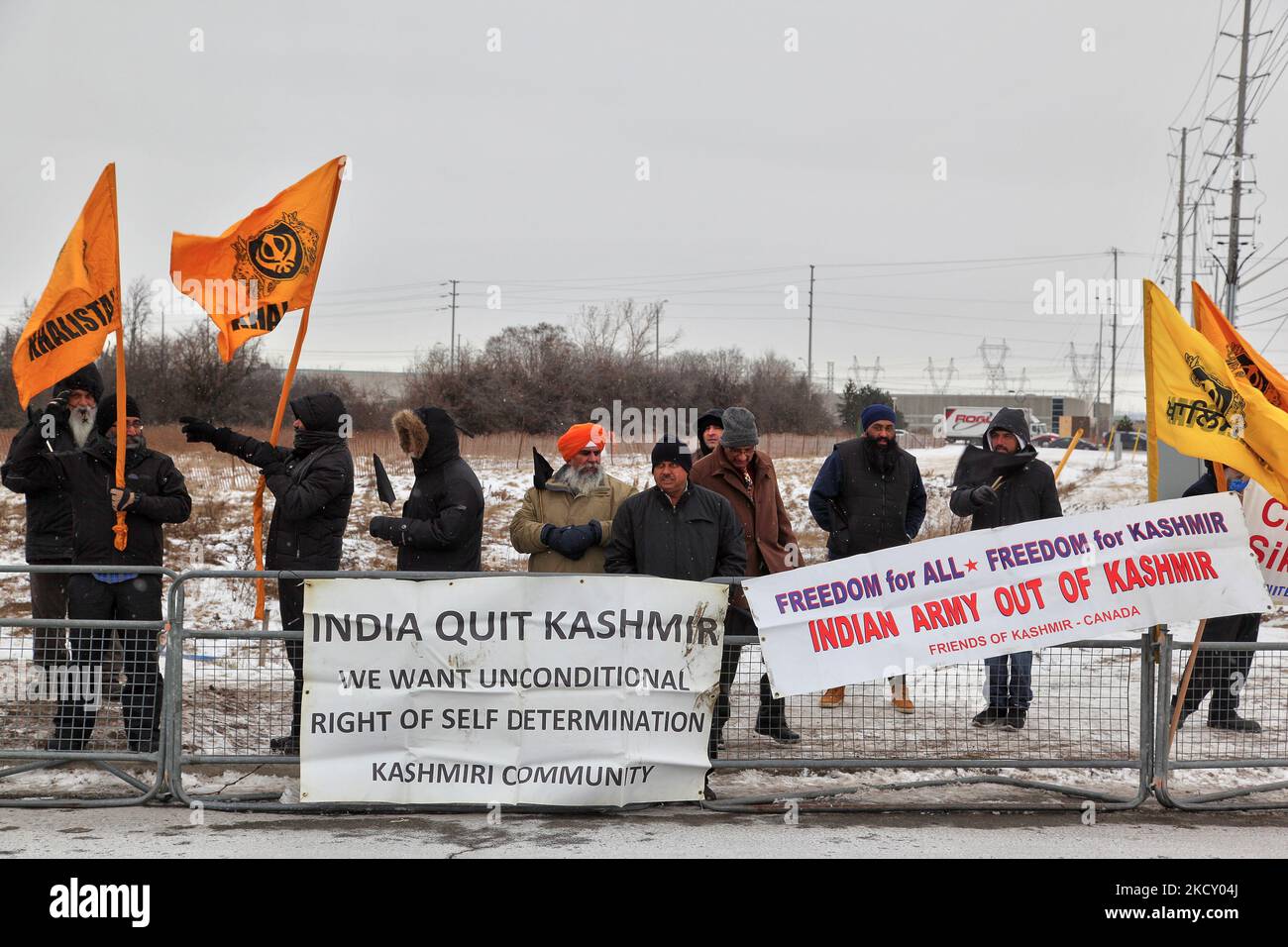 February 01, 2015 --- Mississauga, Ontario, Canada --- Canadian Pro-Khalistan Sikhs protesting against the Indian government and calling for a separate Sikh state as well as showing their disapproval for the Indian army's presence in Indian-controlled Kashmir. A large group of Sikhs assembled outside a venue where celebrations for India's 66th Republic Day were taking place to show their discontent with the Indian government. The Khalistan movement seeks to create a separate Sikh state, called Khalistan in the Punjab region of India and has been a controversial topic. As well the issue of Kash Stock Photo