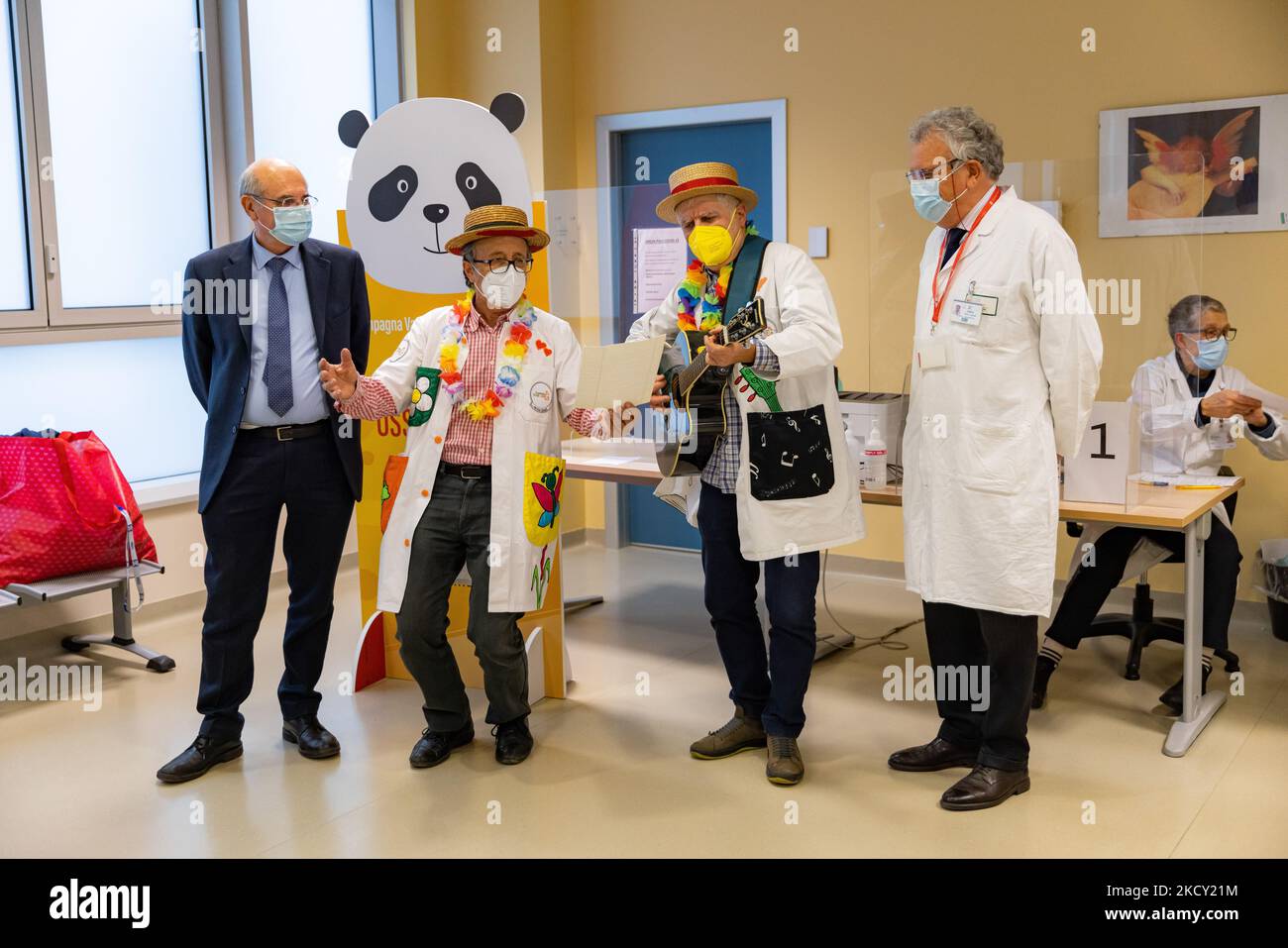 A child receives a dose of COVID-19 Pfizer-BioNTech Comirnaty vaccine at San Gerardo Hospital during the opening day of vaccinations for children aged 5-11 years old on December 16, 2021 in Monza, Italy. (Photo by Alessandro Bremec/NurPhoto) Stock Photo