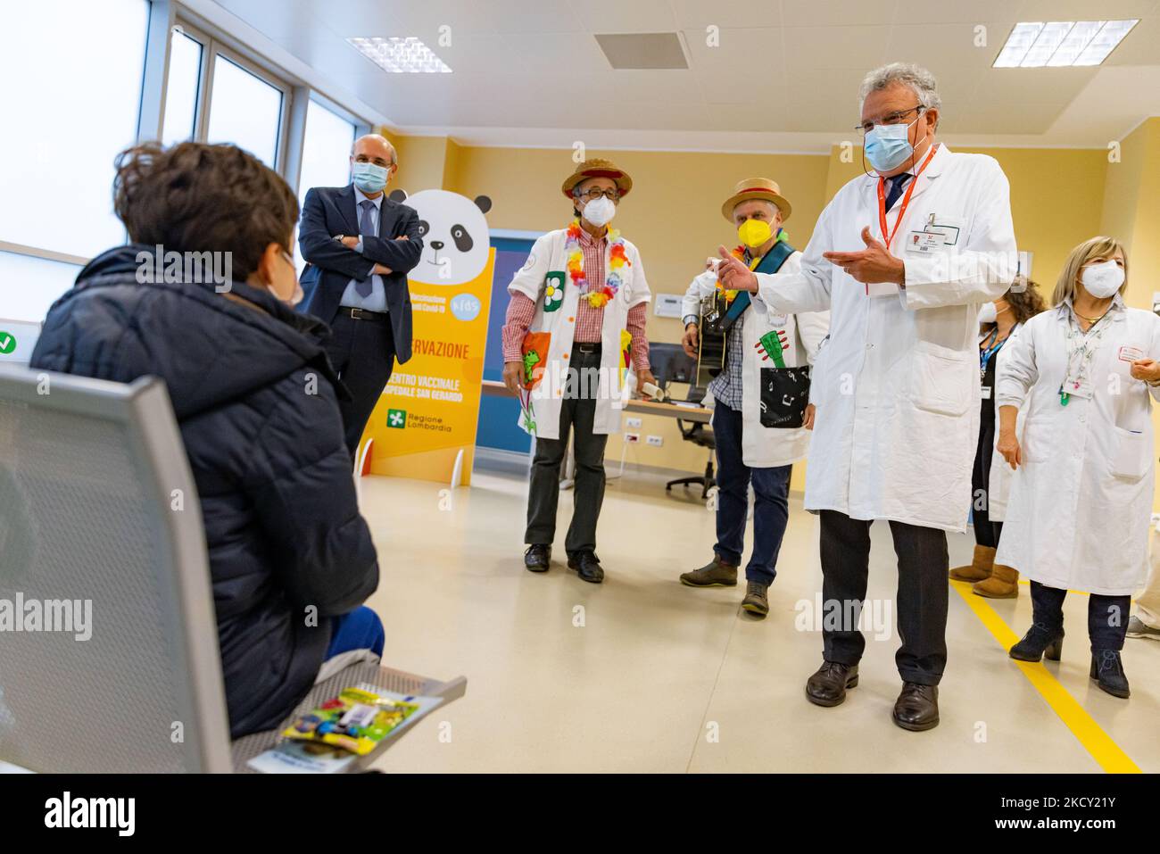 A child receives a dose of COVID-19 Pfizer-BioNTech Comirnaty vaccine at San Gerardo Hospital during the opening day of vaccinations for children aged 5-11 years old on December 16, 2021 in Monza, Italy. (Photo by Alessandro Bremec/NurPhoto) Stock Photo