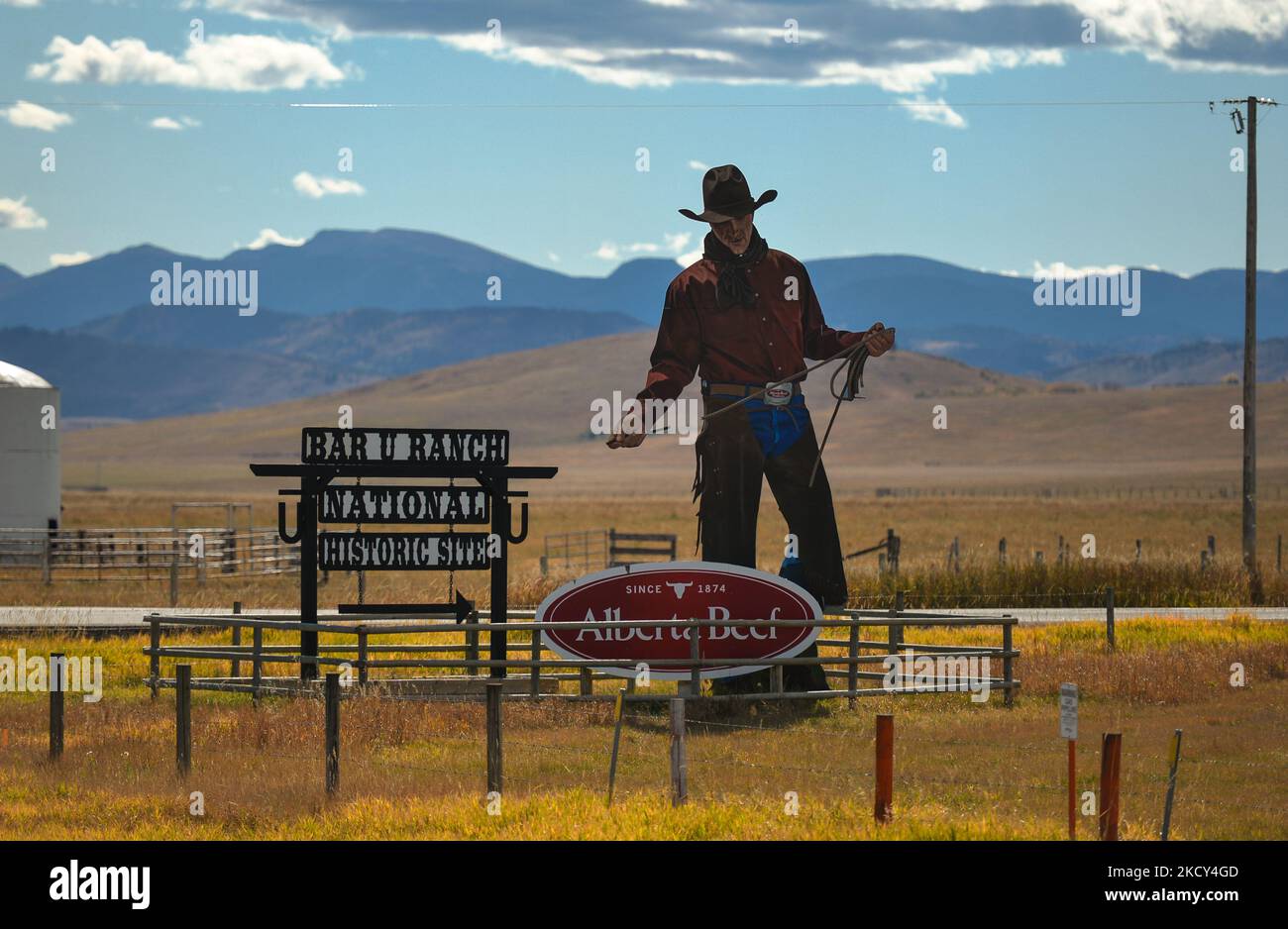 A cowboy image-sign seen at the entrance to the BAR U Ranch National Historic Site, located near Longview. On Friday, 01 October 2021, in Longview, Alberta, Canada. (Photo by Artur Widak/NurPhoto) Stock Photo