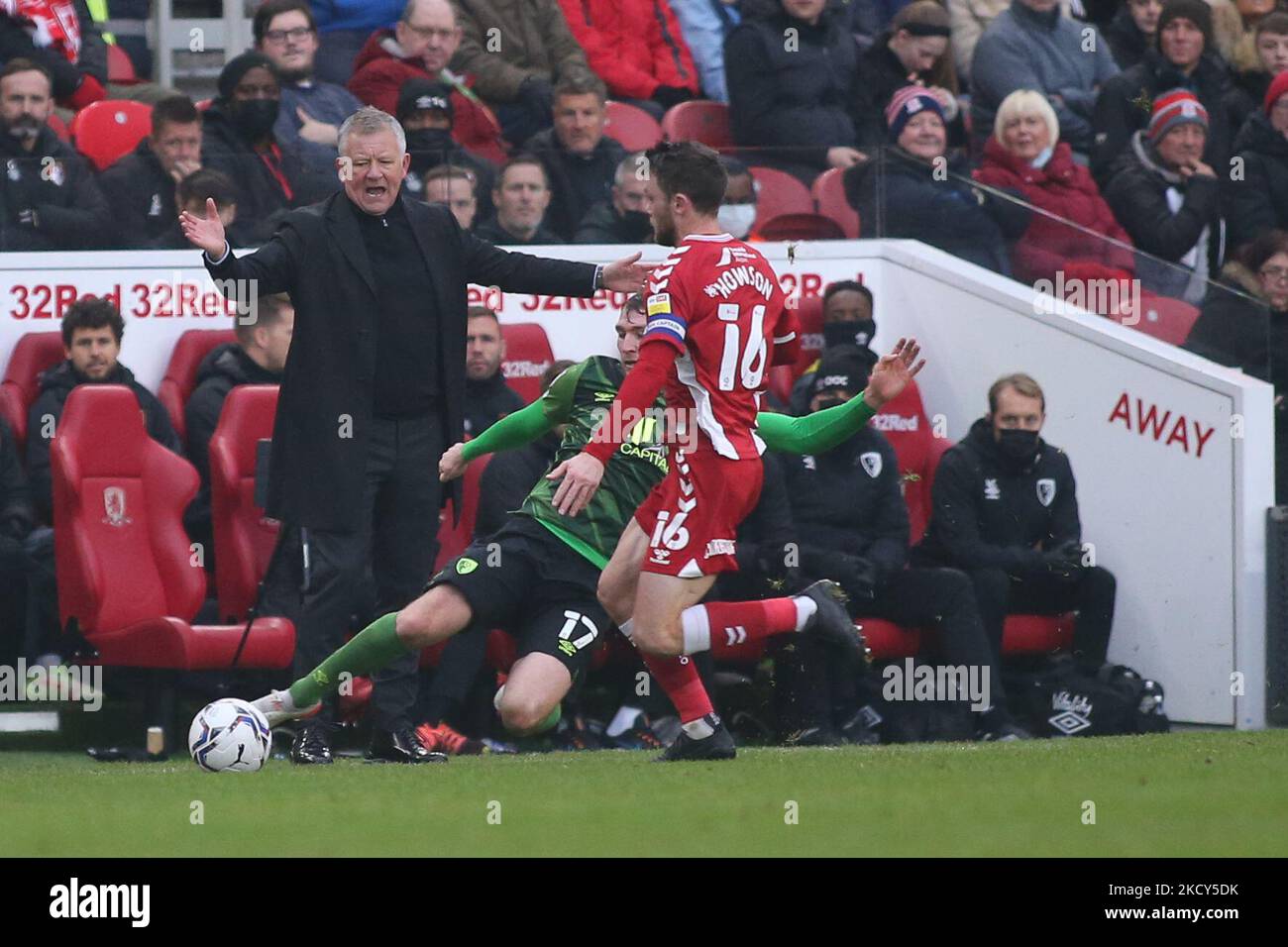 Middlesbrough Chris Wilder appeals against a tackle by Bournemouth's Jack Stacey during the Sky Bet Championship match between Middlesbrough and Bournemouth at the Riverside Stadium, Middlesbrough on Saturday 18th December 2021. (Photo by Michael Driver/MI News/NurPhoto) Stock Photo