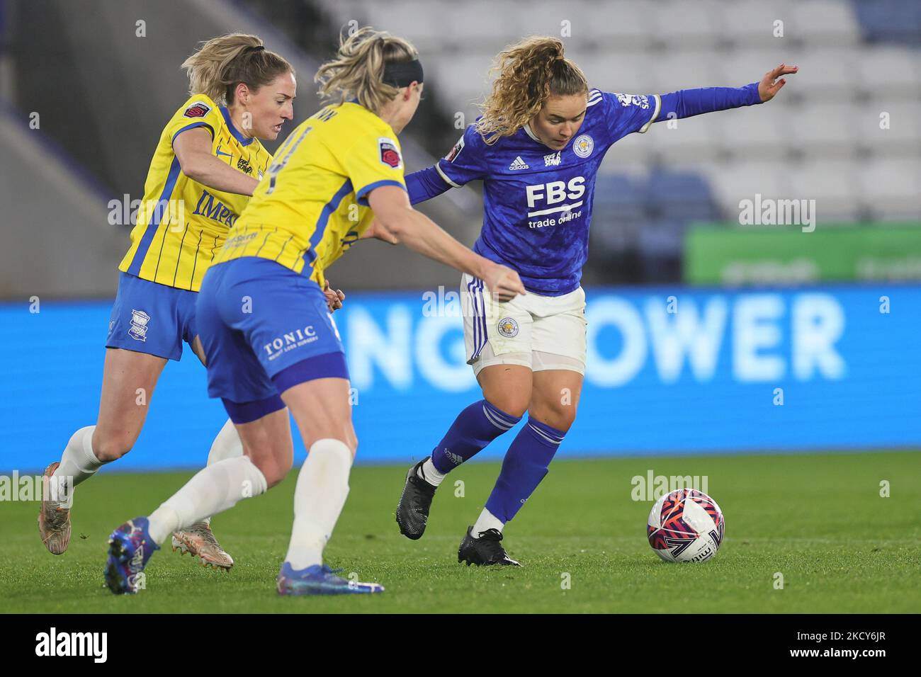 Charlie Devlin of Leicester City toys to find a way through Birminghams defence during the Barclays FA Women's Super League match between Leicester City and Birmingham City at the King Power Stadium, Leicester on Sunday 19th December 2021. (Photo by James Holyoak/MI News/NurPhoto) Stock Photo