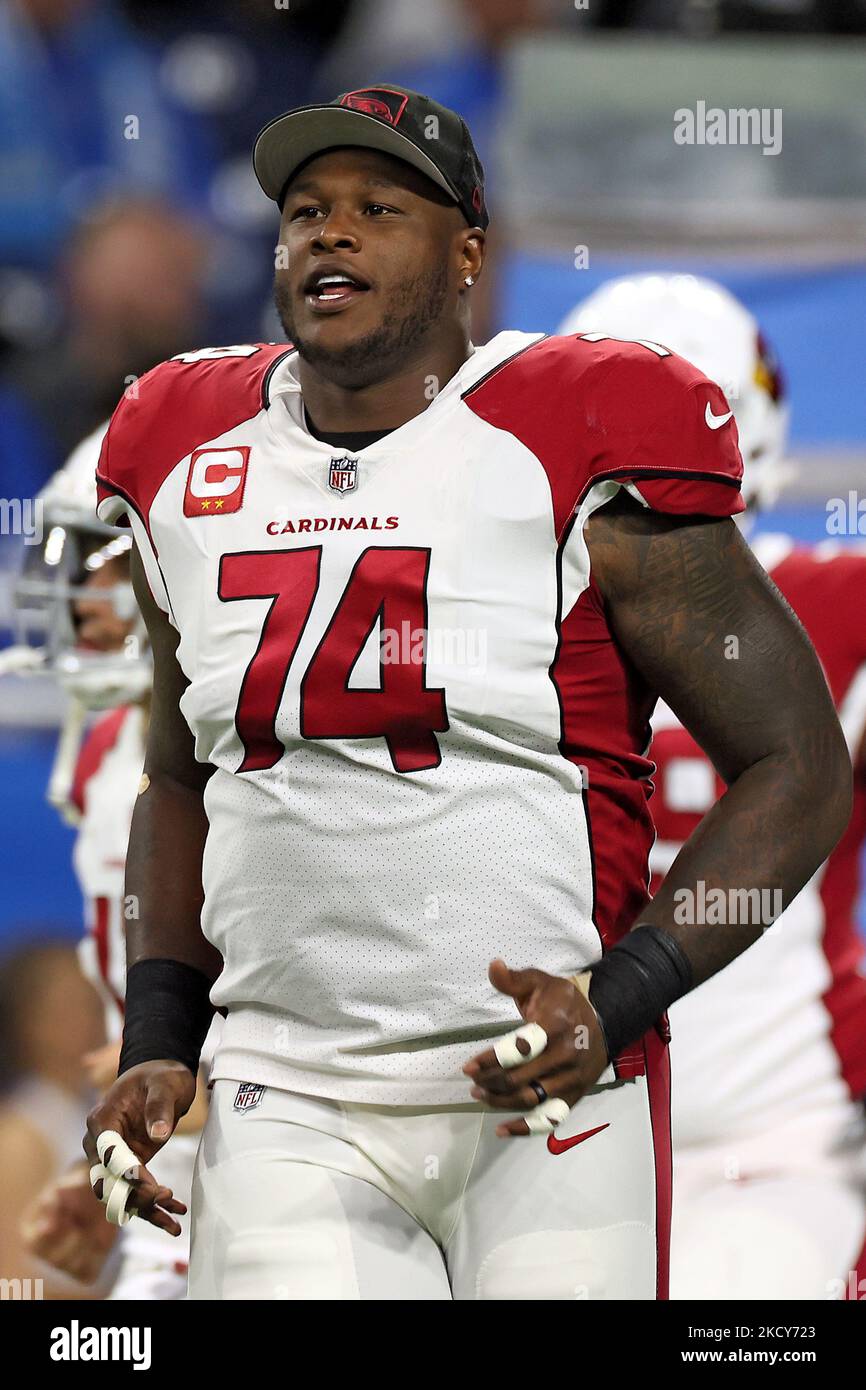 Arizona Cardinals offensive tackle D.J. Humphries (74) runs onto the field at the start of an NFL football game between the Detroit Lions and the Arizona Cardinals in Detroit, Michigan USA, on Sunday, December 19, 2021. (Photo by Amy Lemus/NurPhoto) Stock Photo