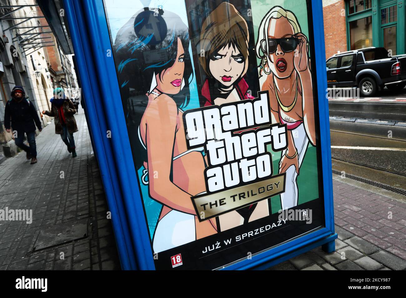 Grand Theft Auto The Trilogy video game ad is seen on a tram stop in Krakow, Poland on December 19, 2021. (Photo by Jakub Porzycki/NurPhoto) Stock Photo