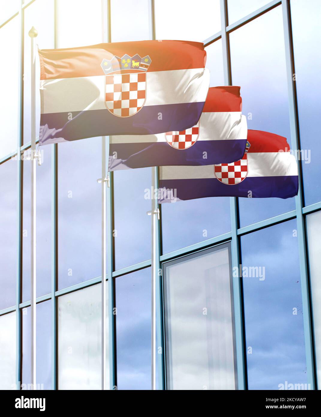 Flagpoles with the flag of Croatia in front of the business center Stock Photo