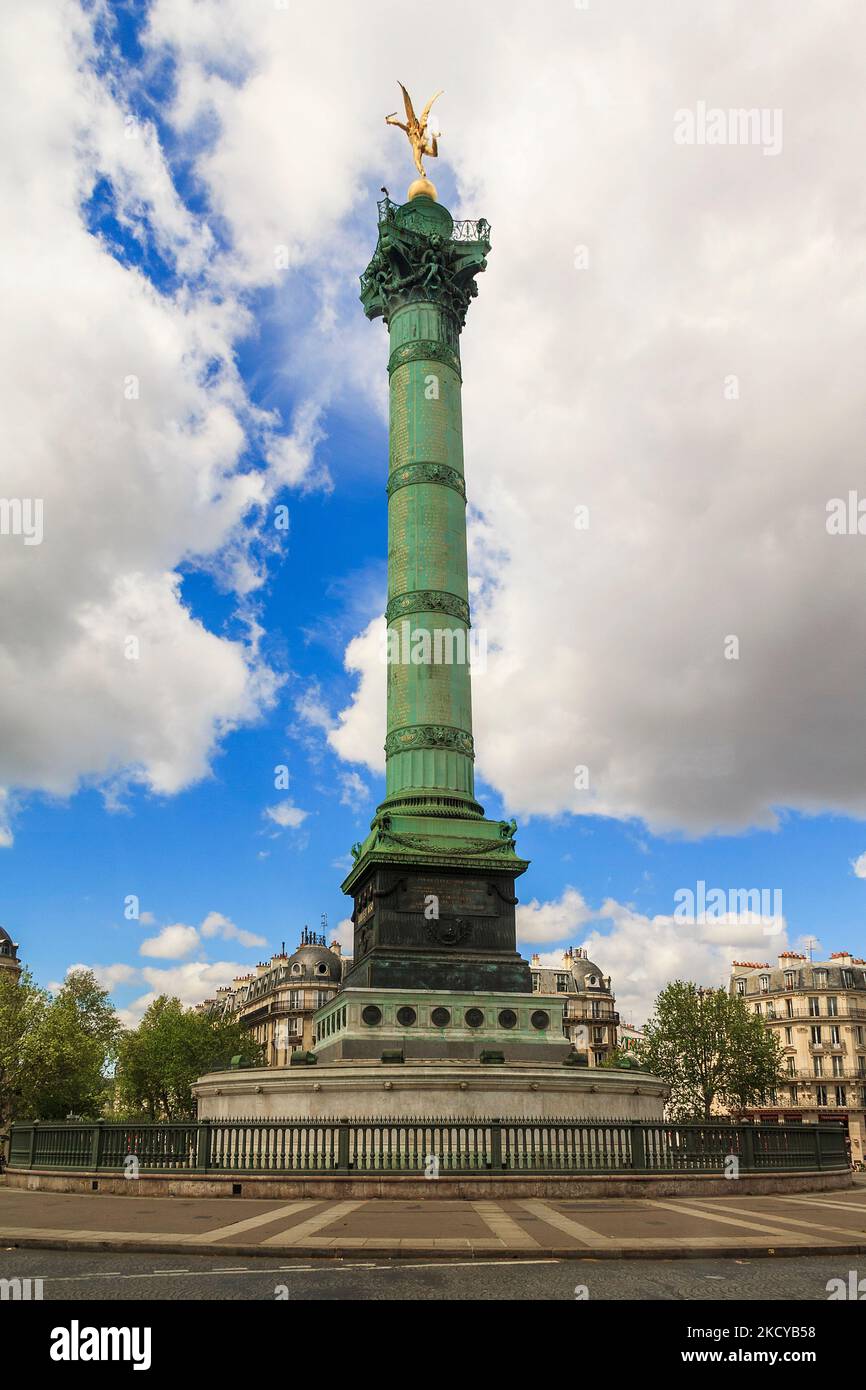 This is July Column at the Place de la Bastille, which was built in memory of the July Revolution of 1830 May 11, 2013 in Paris, France. Stock Photo