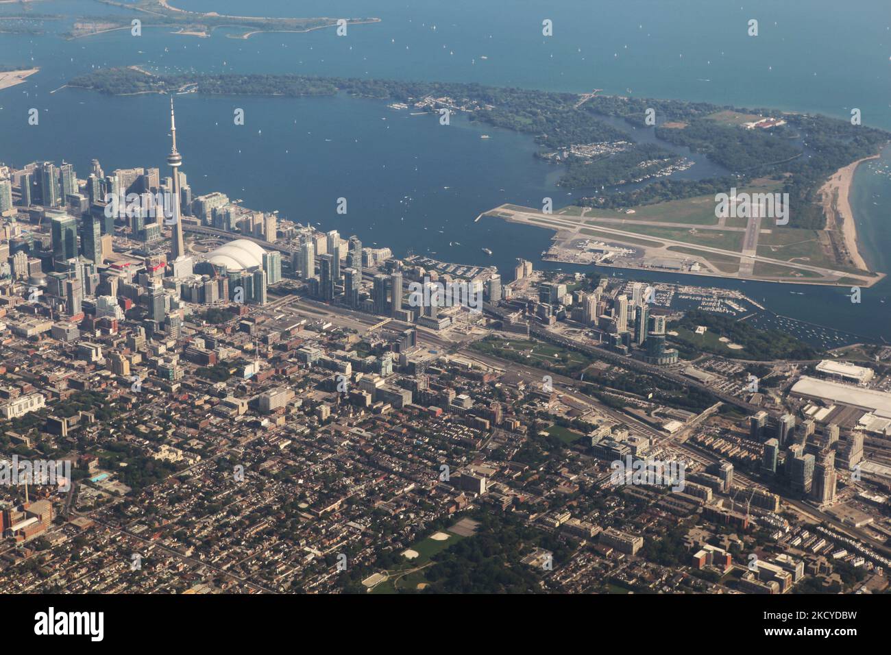 Aerial view of the city of Toronto in Ontario, Ontario, Canada, on August 26, 2012. Shown here along with the downtown skyscrapers are the notable landmarks of the CN Tower and Skydome Stadium. (Photo by Creative Touch Imaging Ltd./NurPhoto) Stock Photo