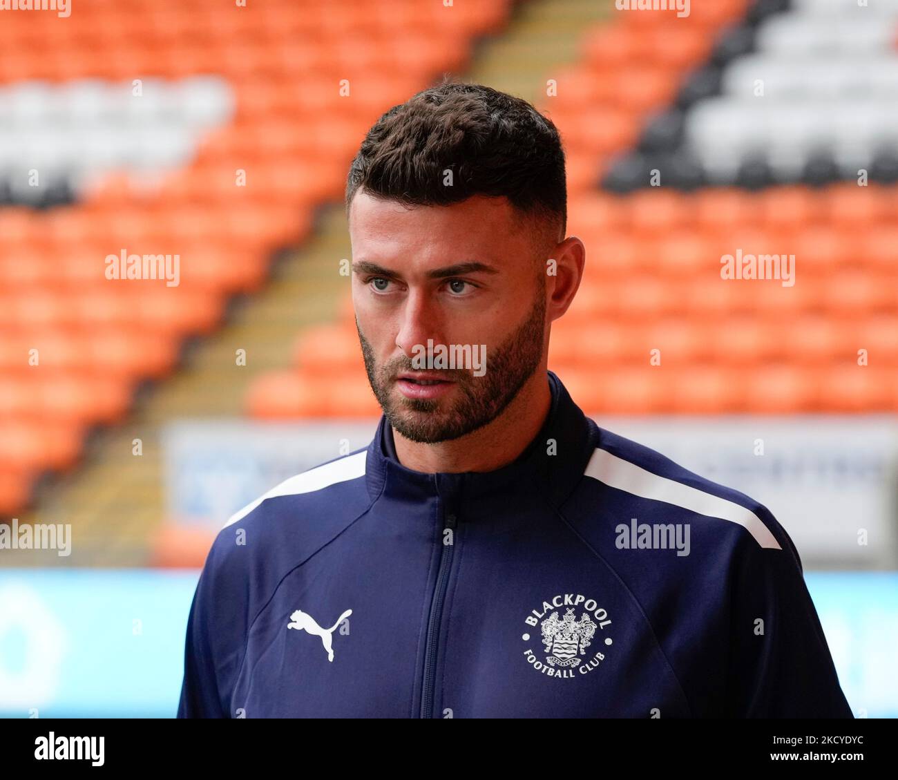 Gary Madine 14 of Blackpool arrives at the stadium before the Sky Bet