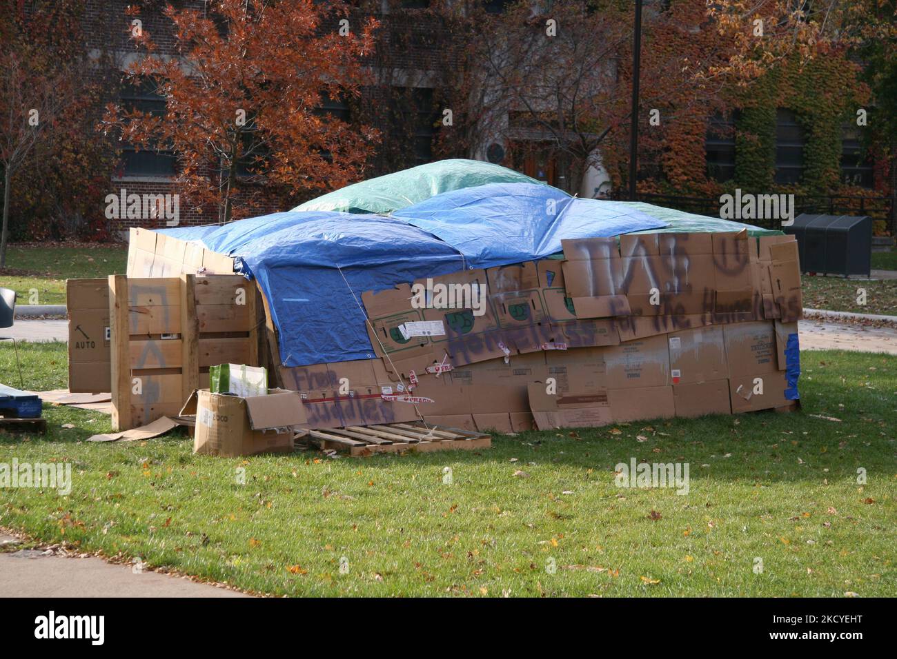 University of Windsor freshmen students pledging to a fraternity slept in a tent consisting of cardboard and plastic to show their loyalty and to help raise money for homelessness during the cold Autumn evenings in Windsor, Ontario, Canada. (Photo by Creative Touch Imaging Ltd./NurPhoto) Stock Photo