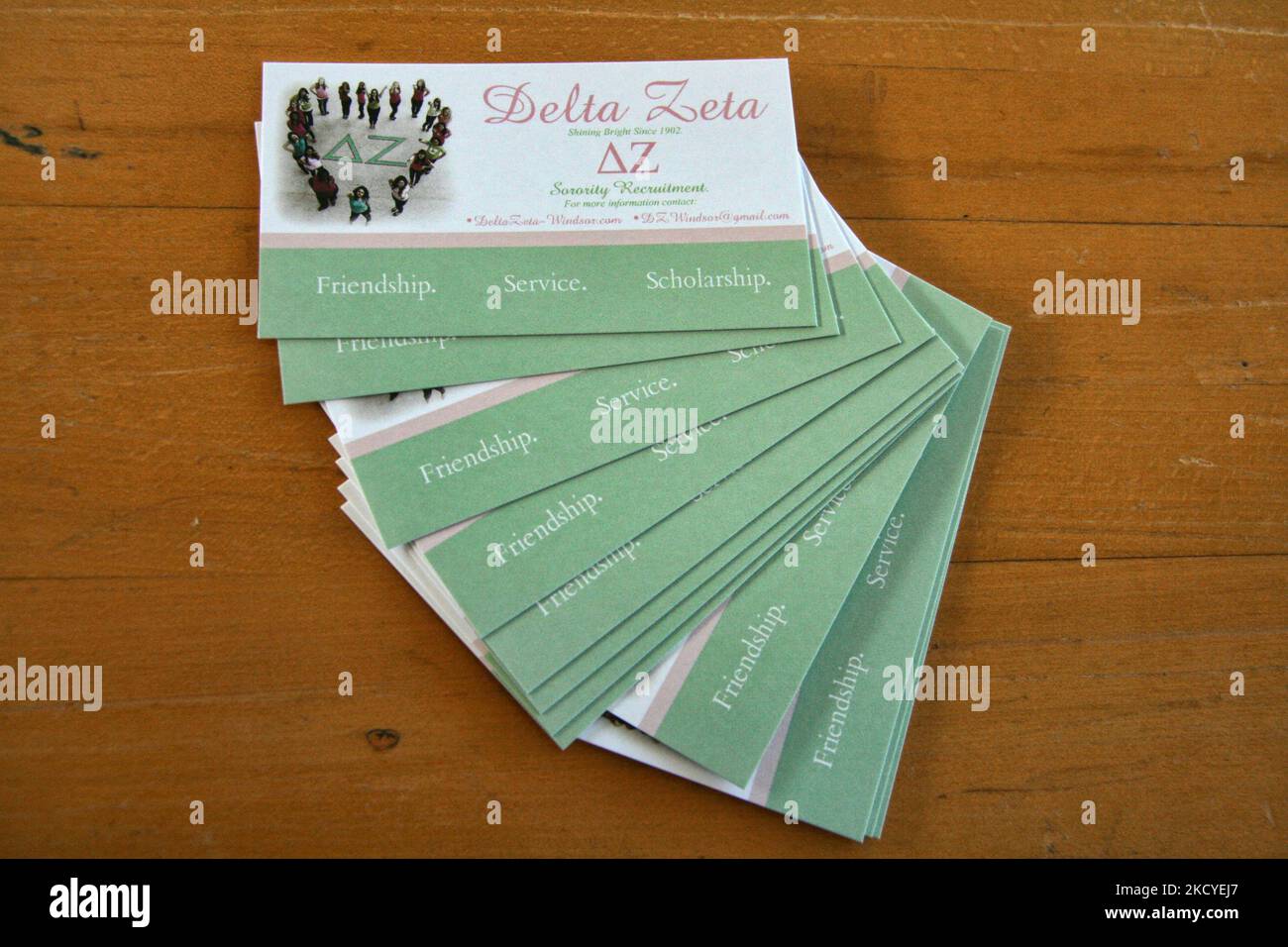 Recruitment cards for the Delta Zeta sorority on a table during a student recruitment and information fair at University of Windsor campus in Windsor, Ontario, Canada, on November 08, 2013. The students can then have to decide if they wish to peruse their degree at the university, if accepted. (Photo by Creative Touch Imaging Ltd./NurPhoto) Stock Photo