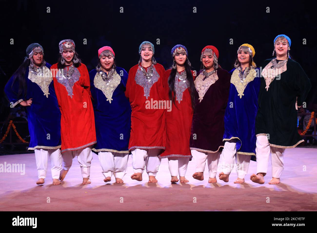 Artists from Kashmir region perform traditional ' Rouf ' dance during the closing of Lokrang festival , at JKK , in Jaipur , Rajasthan , India,on Saturday night, Dec 25,2021.(Photo By Vishal Bhatnagar/NurPhoto) Stock Photo